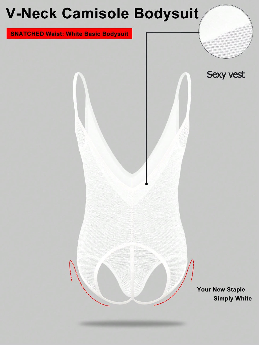 Men's white mesh thong underwear with a sleeveless deep V-neck design, plain pattern, cut out detail, and mid-rise fit.