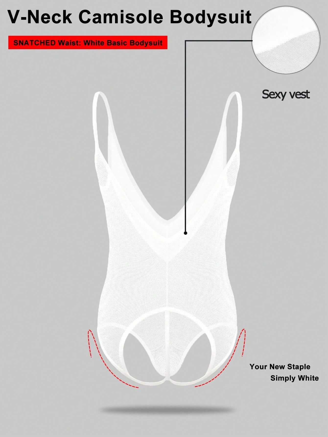 Men's white mesh thong underwear with a sleeveless deep V-neck design, plain pattern, cut out detail, and mid-rise fit.