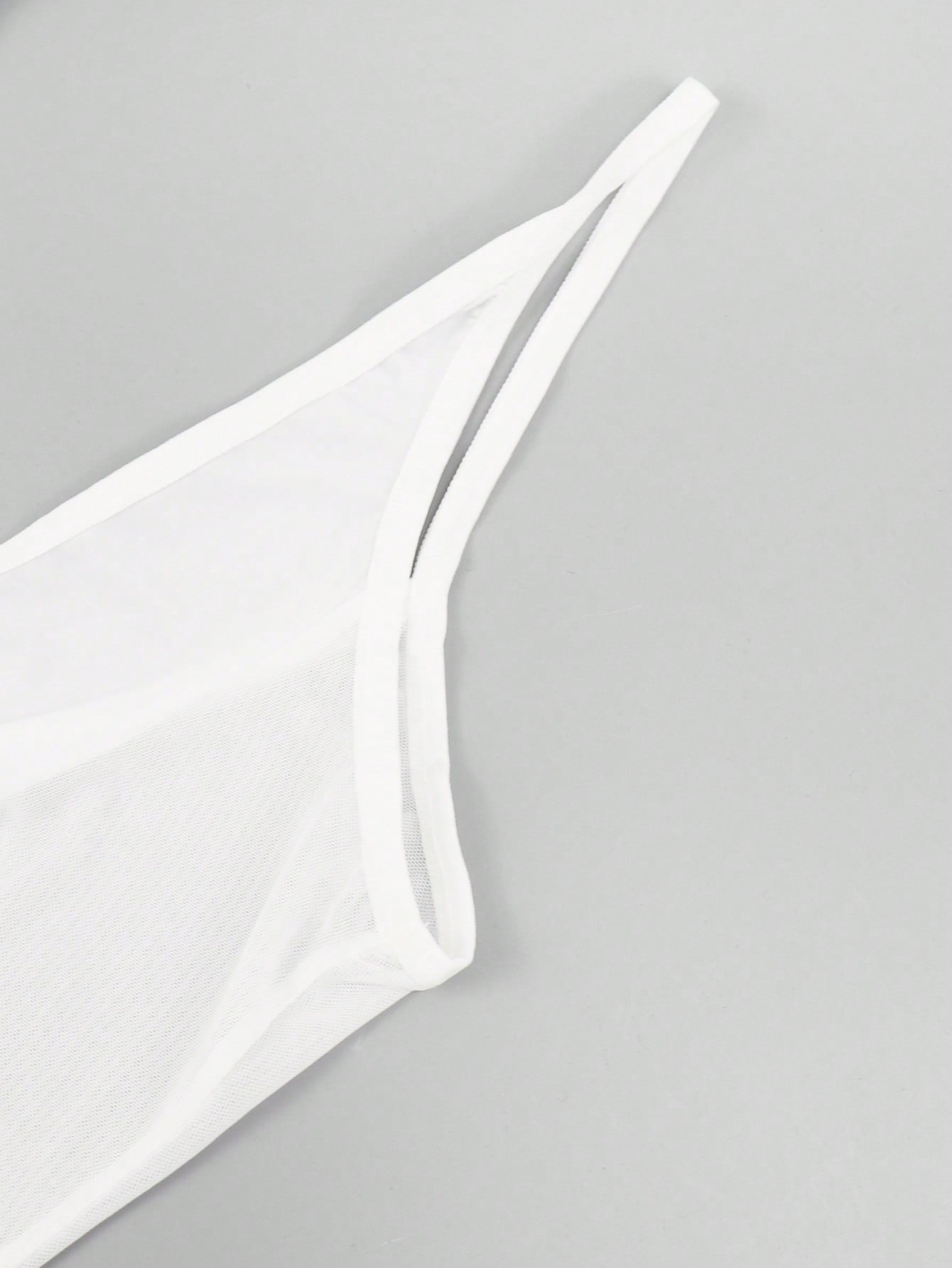Men's white mesh thong underwear with a sleeveless deep V-neck design, plain pattern, cut out detail, and mid-rise fit.
