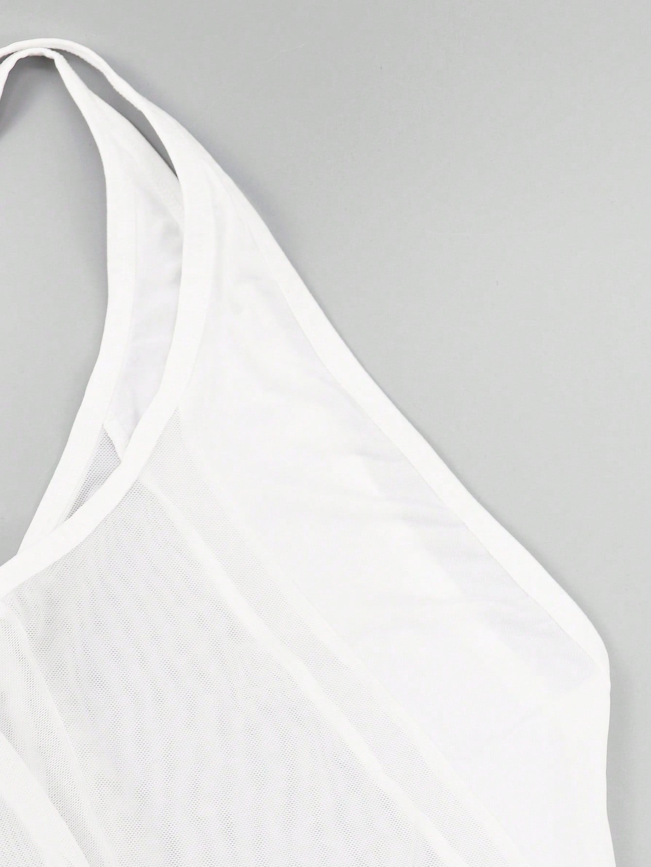 Men's white mesh thong underwear with a sleeveless deep V-neck design, plain pattern, cut out detail, and mid-rise fit.