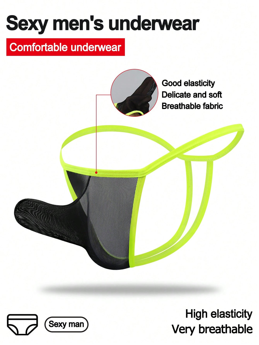 Men's black mesh jockstrap underwear with a plain design, U-convex pouch, and mid-rise fit.