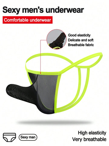 Men's black mesh jockstrap underwear with a plain design, U-convex pouch, and mid-rise fit.
