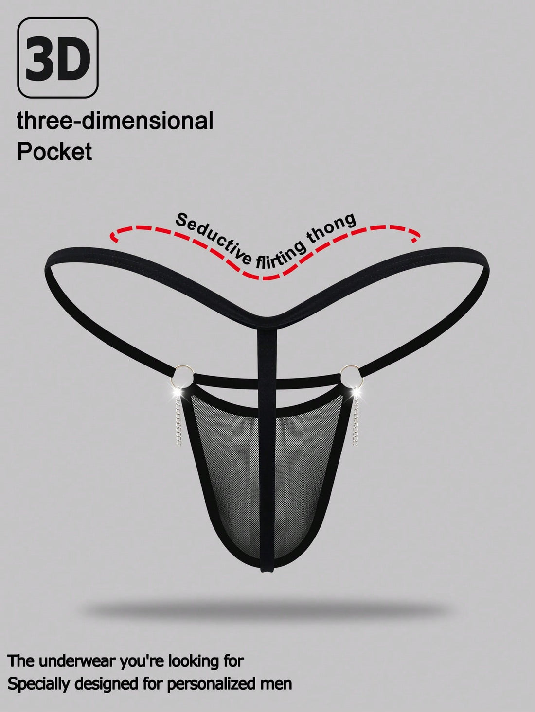 Men's black low rise mesh thong underwear with chain detail and colorblock design.