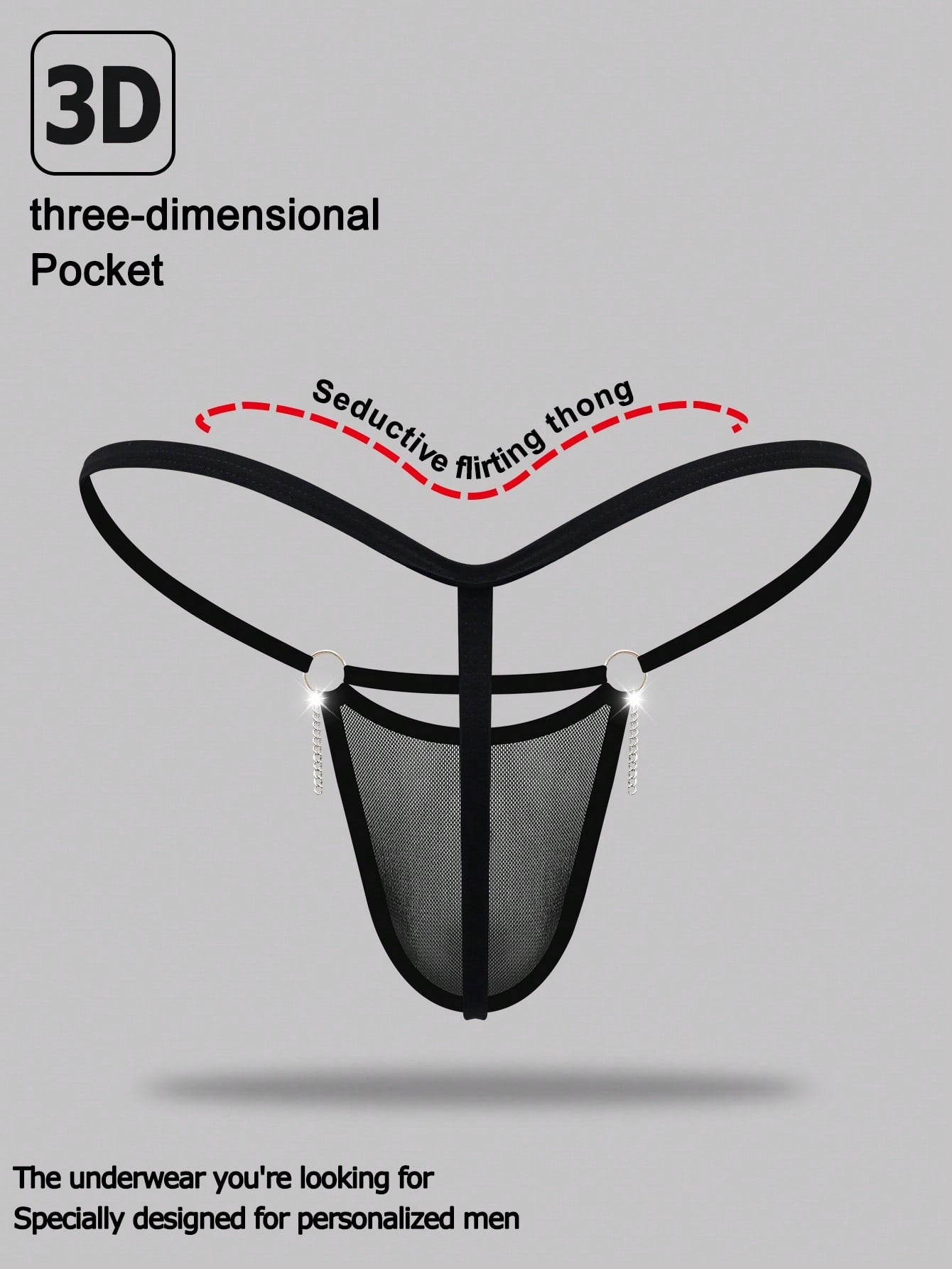 Men's black low rise mesh thong underwear with chain detail and colorblock design.