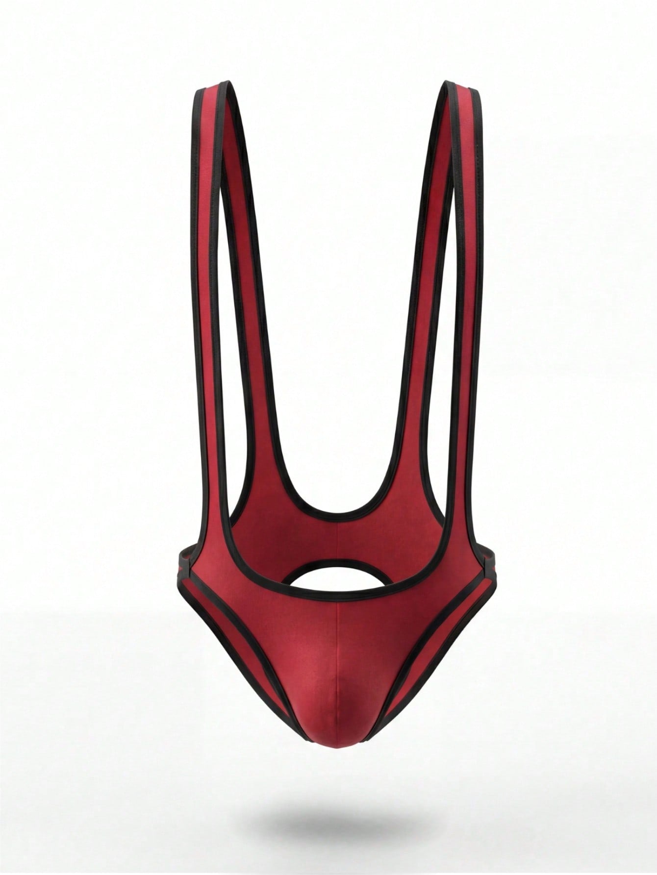 Men's sexy vest underwear in red knitted fabric with contrast trim, backless cut-out design, and colorblock styling.