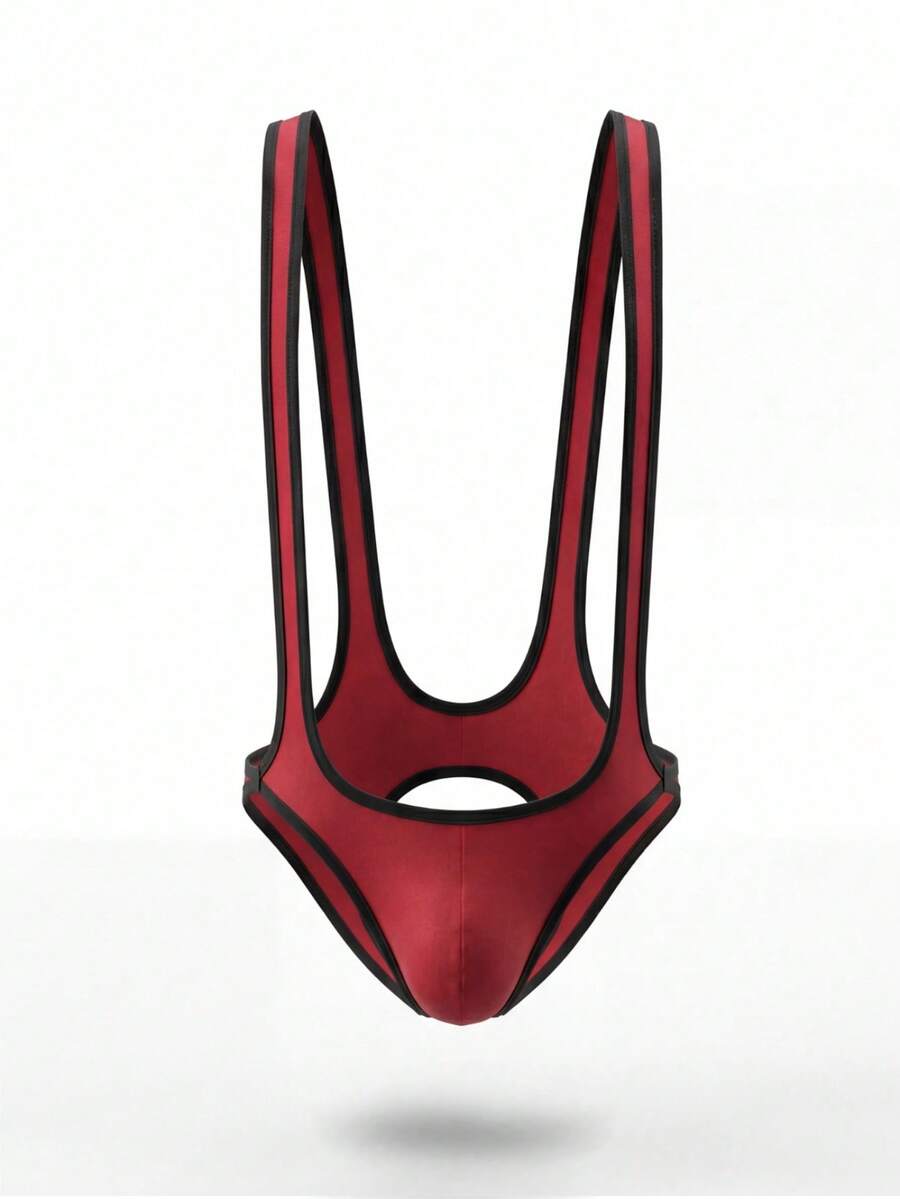 Red backless men's sexy vest featuring cut-out details and contrast trim binding.