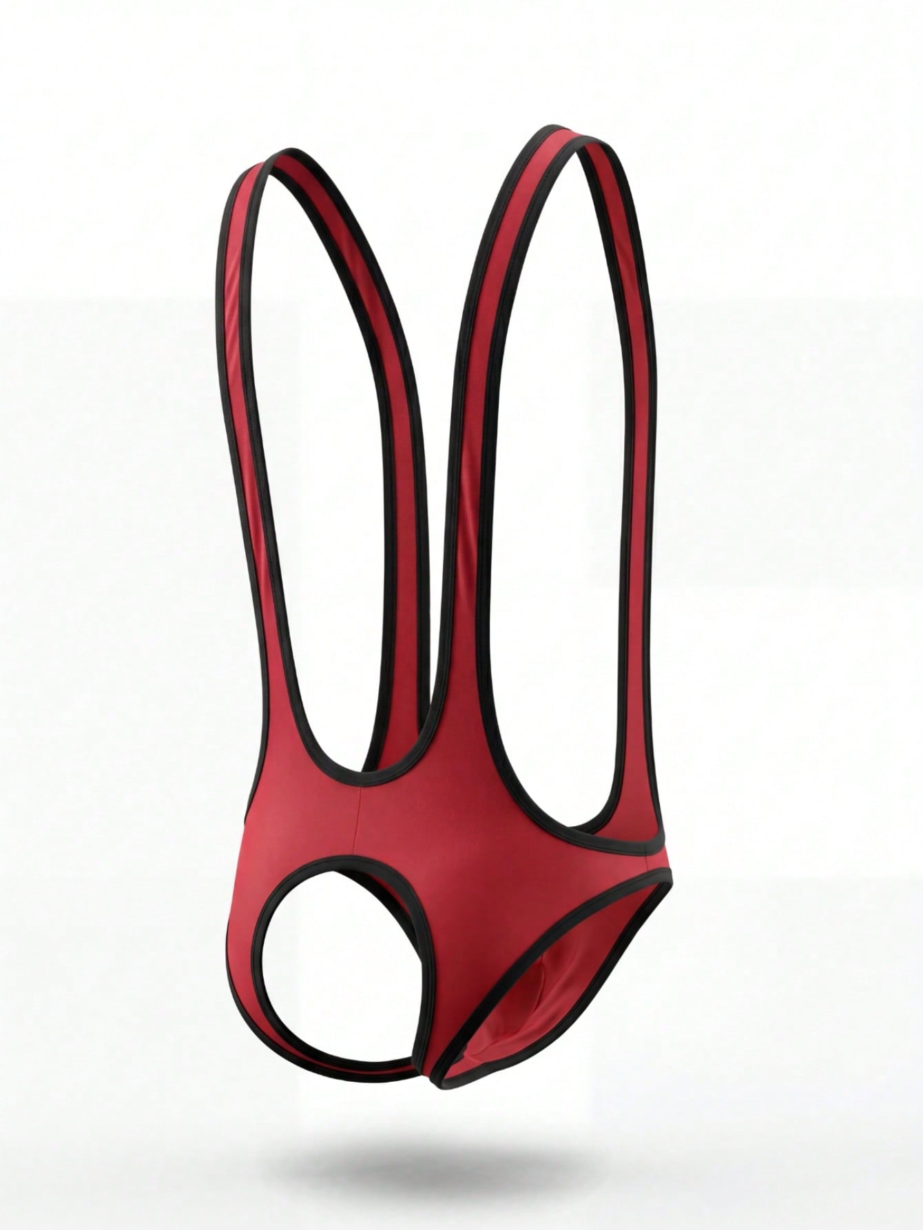 Men's sexy vest underwear in red knitted fabric with contrast trim, backless cut-out design, and colorblock styling.