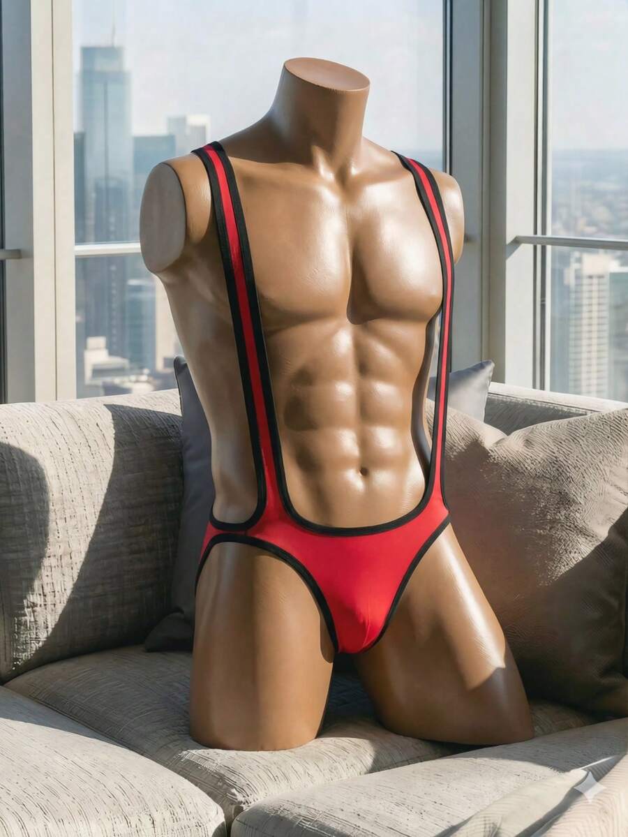 Red backless men's sexy vest featuring cut-out details and contrast trim binding.