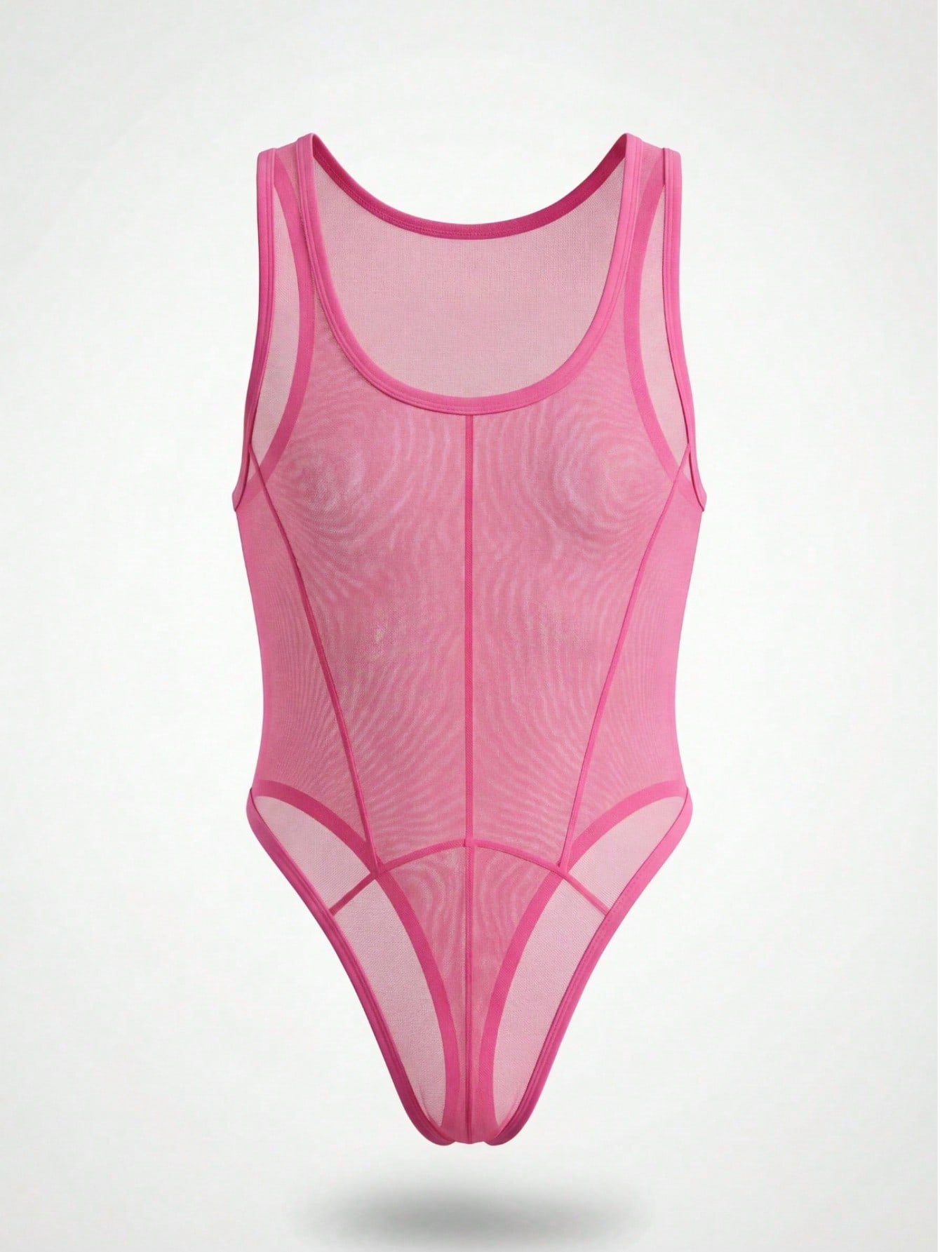 Men's pink thong underwear with contrast lace, backless suspender design, low rise fit, and knitted fabric construction.