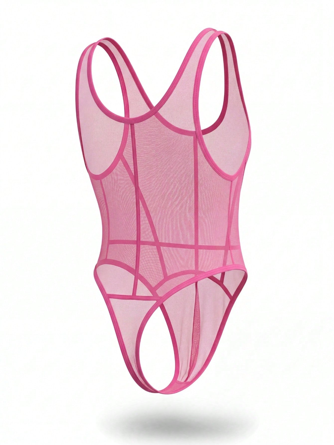 Men's pink thong underwear with contrast lace, backless suspender design, low rise fit, and knitted fabric construction.