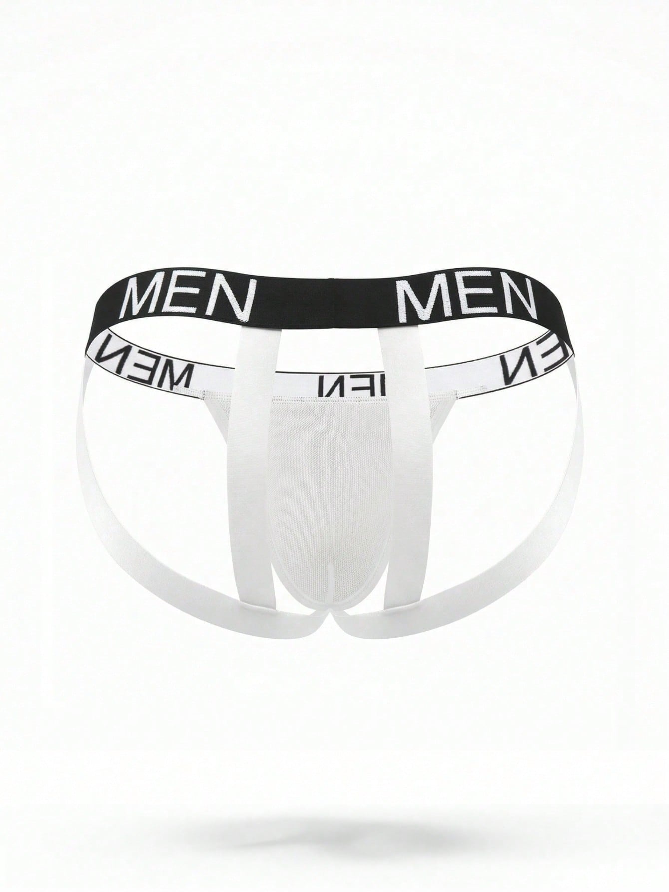 Men's low rise mesh jockstrap underwear with letter pattern, medium stretch fabric, made from 92% polyamide and 8% elastane.