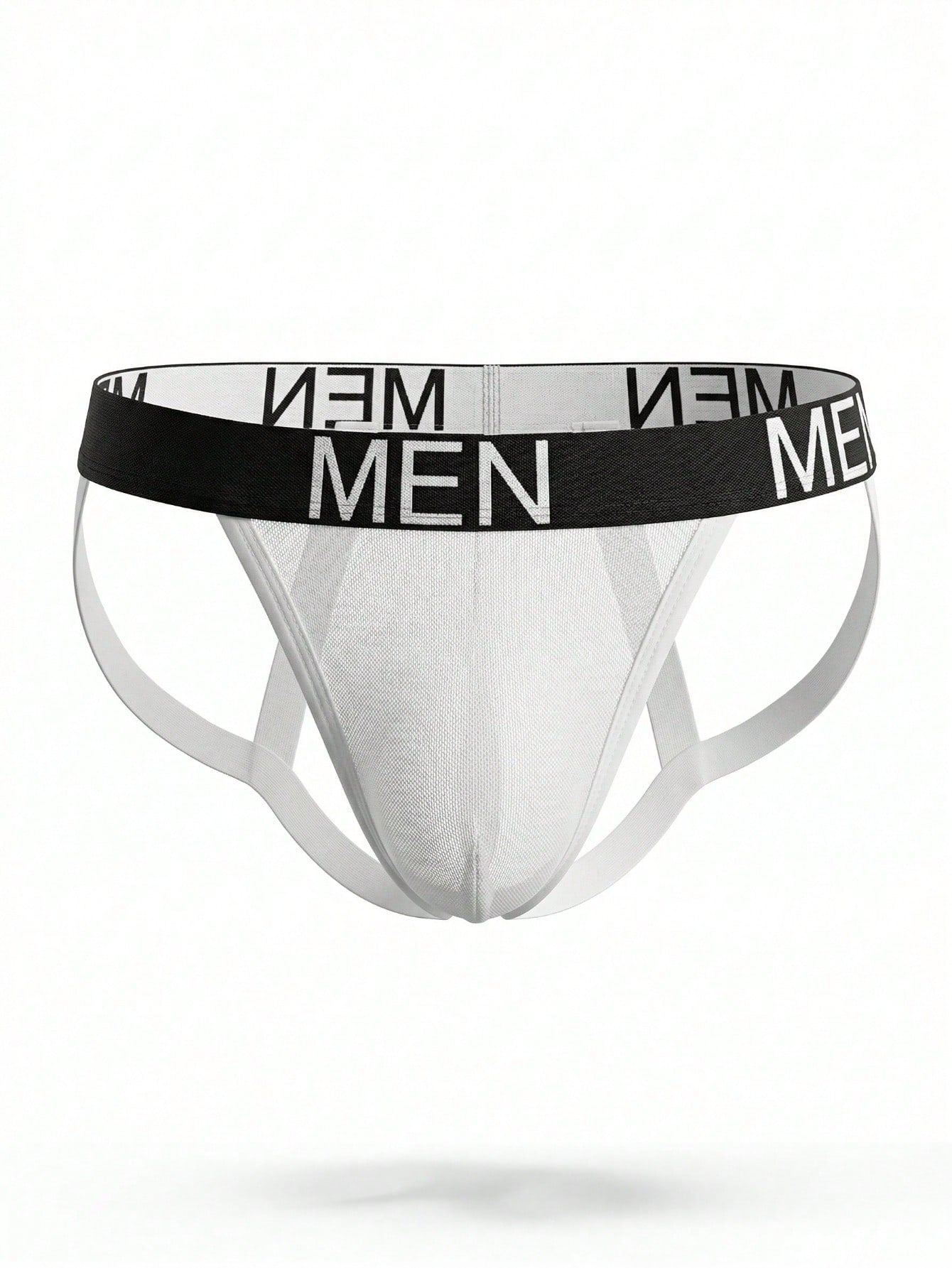 Men's low rise mesh jockstrap underwear with letter pattern, medium stretch fabric, made from 92% polyamide and 8% elastane.