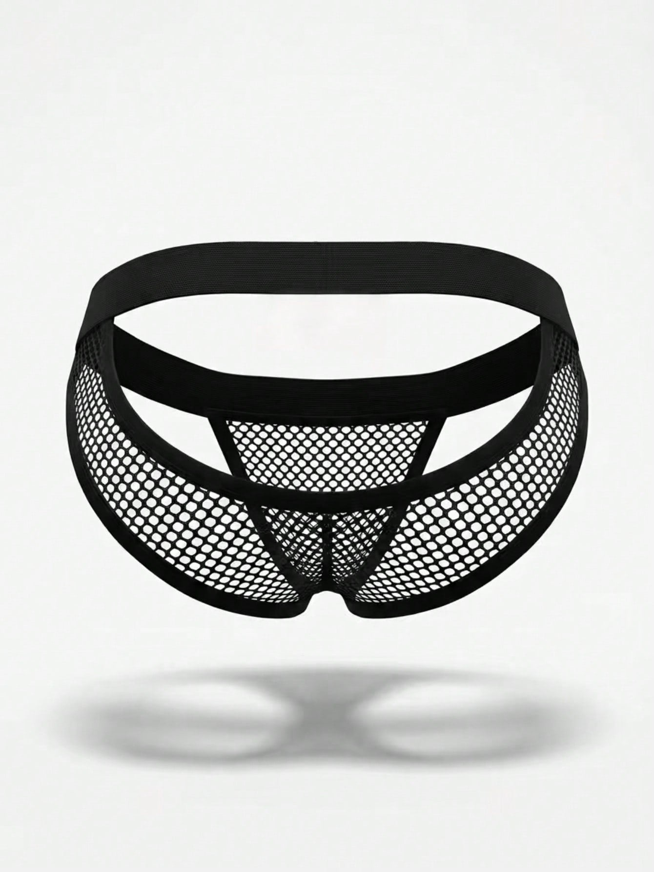Black men's mesh jockstrap underwear with a plain design, backless cut, and mid rise fit.