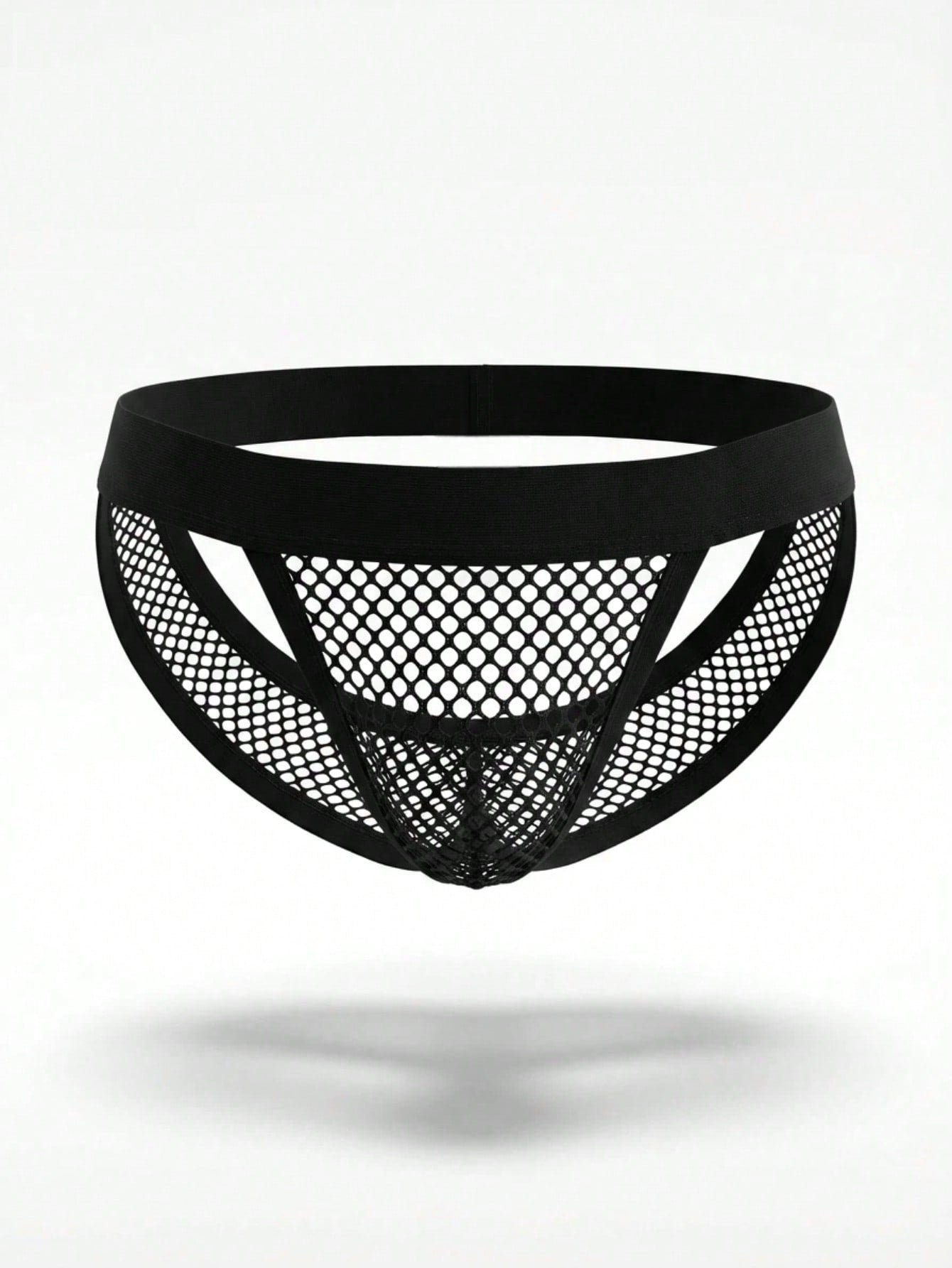 Black men's mesh jockstrap underwear with a plain design, backless cut, and mid rise fit.