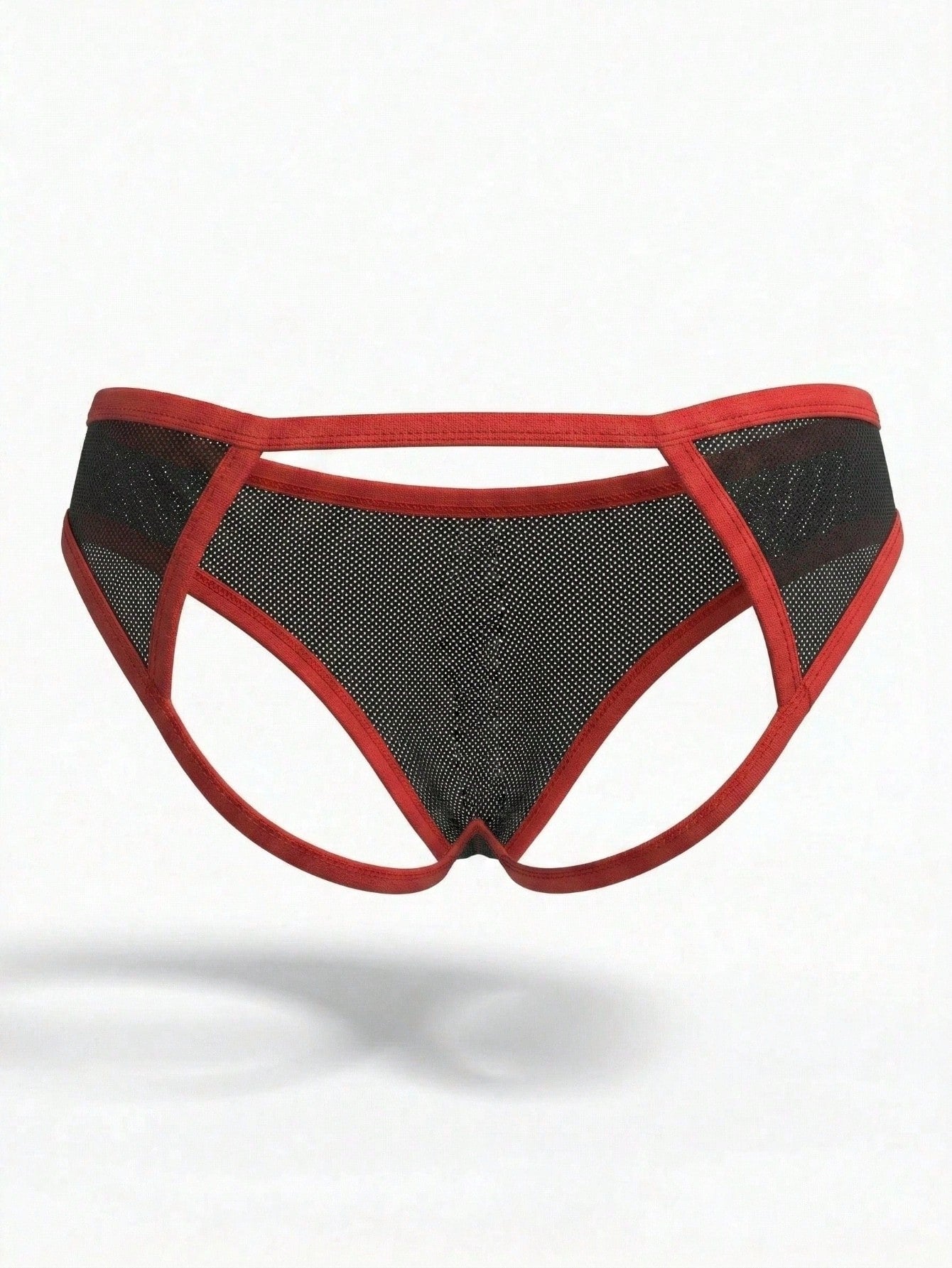 Black men's mesh jockstrap underwear with low rise waist, open back design, and colorblock detail