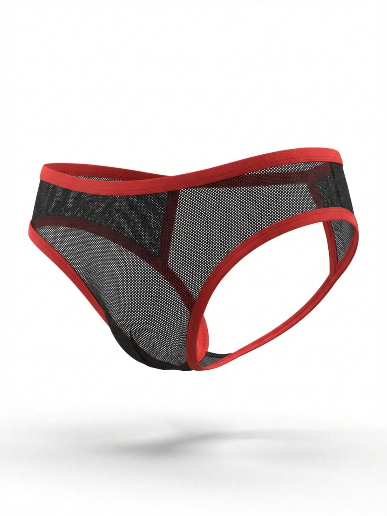 Black men's mesh jockstrap underwear with low rise waist, open back design, and colorblock detail