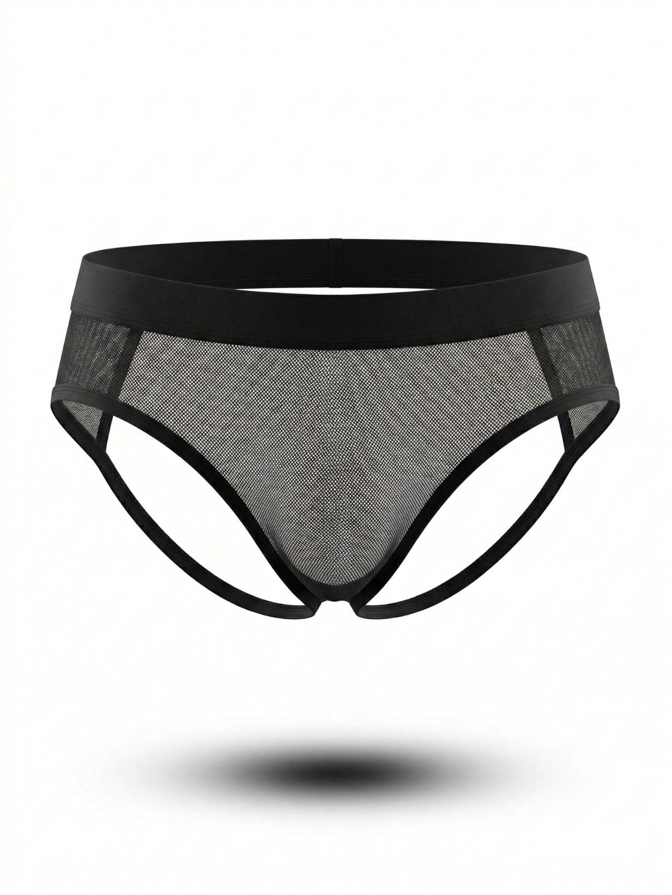 Men's black mesh jockstrap underwear with backless design, mid-rise waist, colorblock pattern, and medium-stretch fabric.