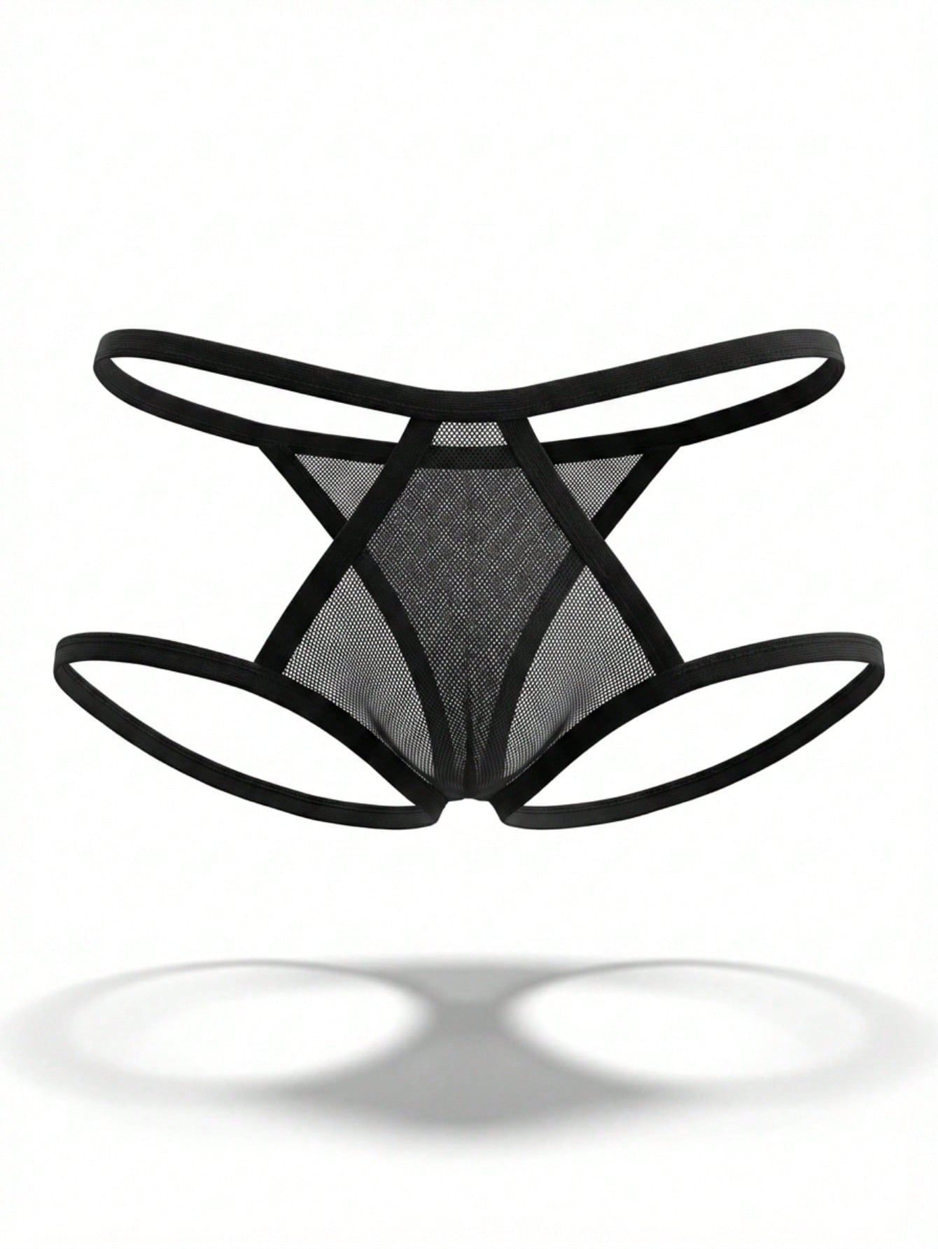 Men's black mesh thong underwear with low rise fit and ring detail, plain design, medium stretch fabric