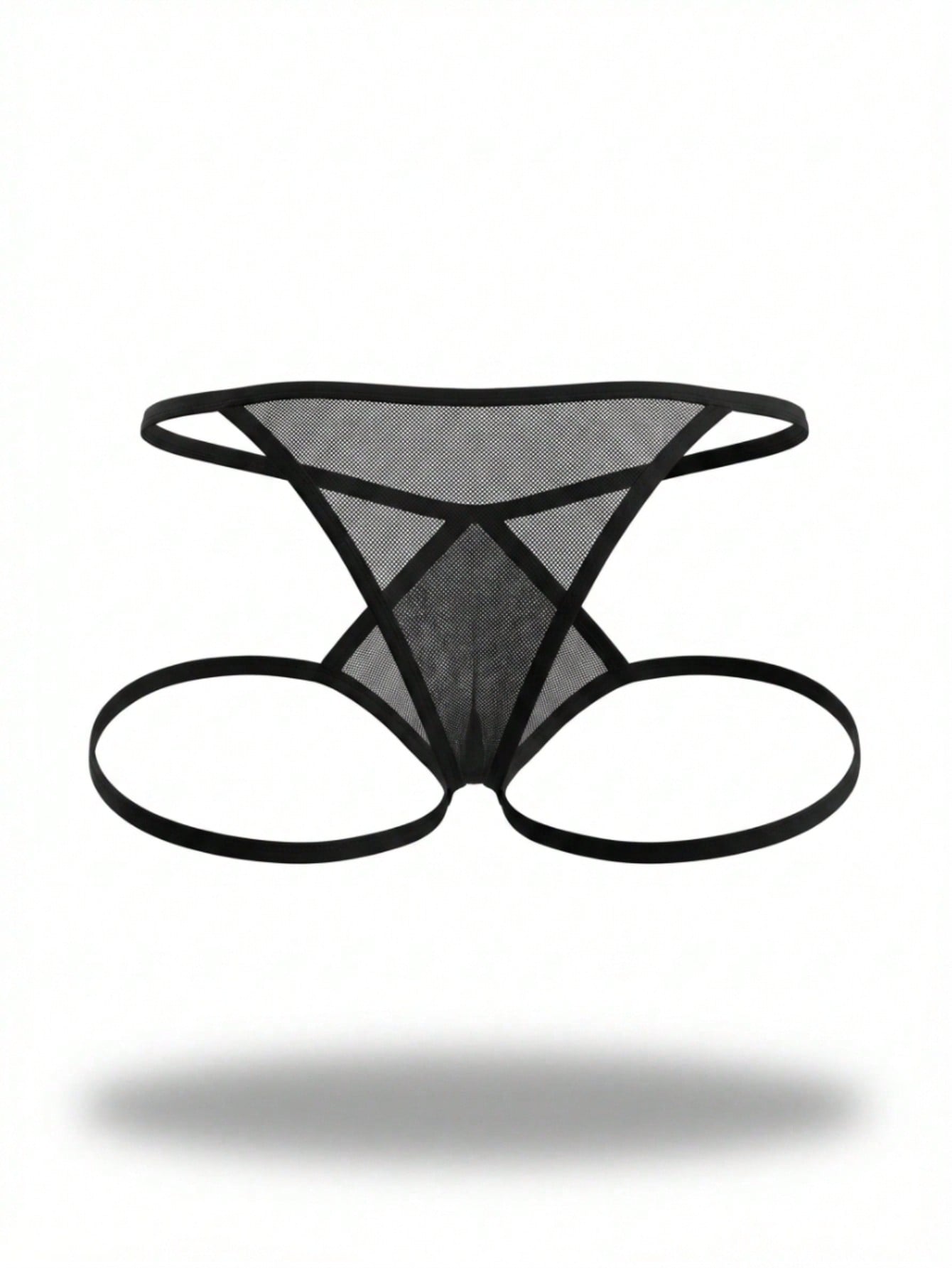 Men's black mesh thong underwear with low rise fit and ring detail, plain design, medium stretch fabric