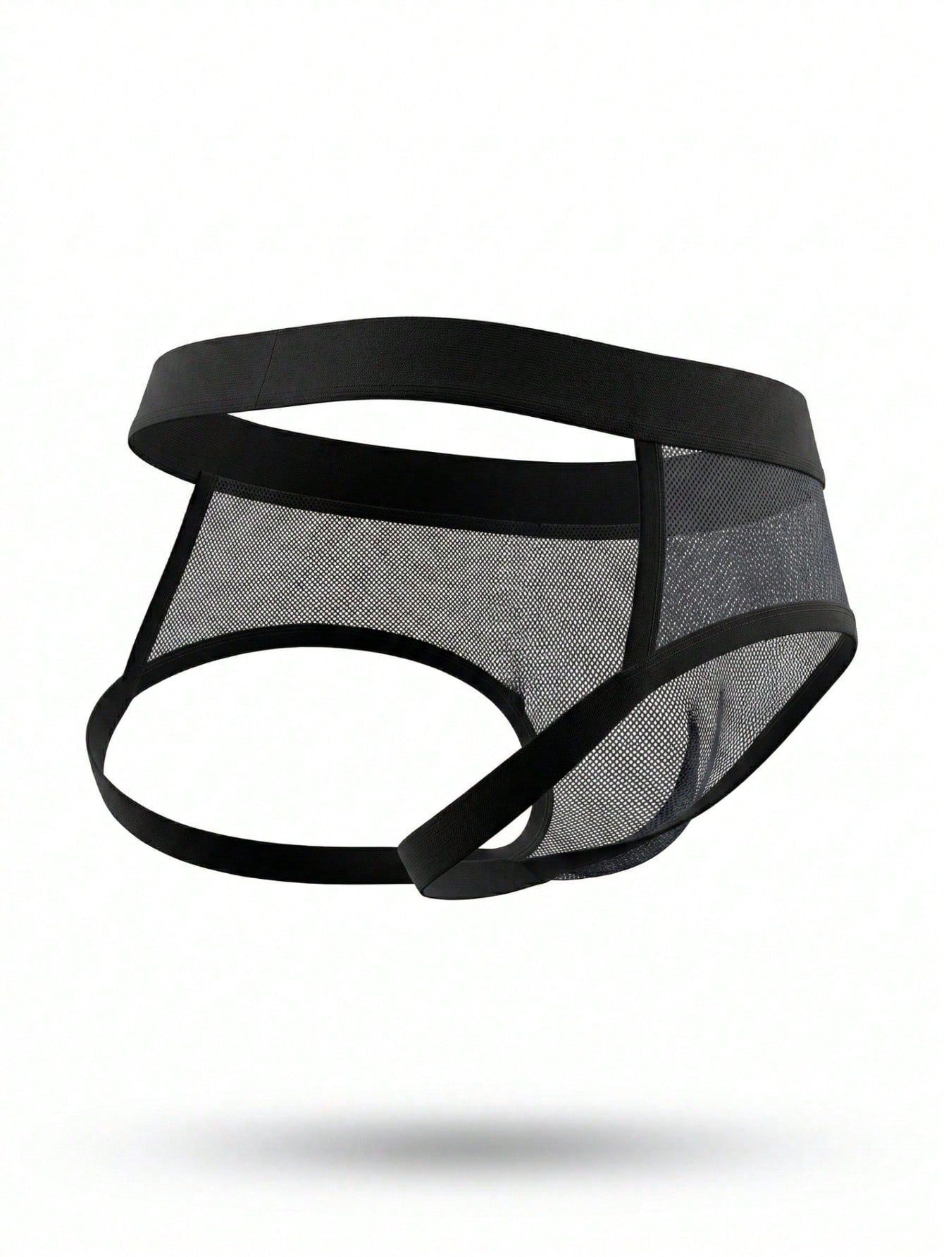 Men's black mesh jockstrap underwear with backless design, mid-rise waist, colorblock pattern, and medium-stretch fabric.