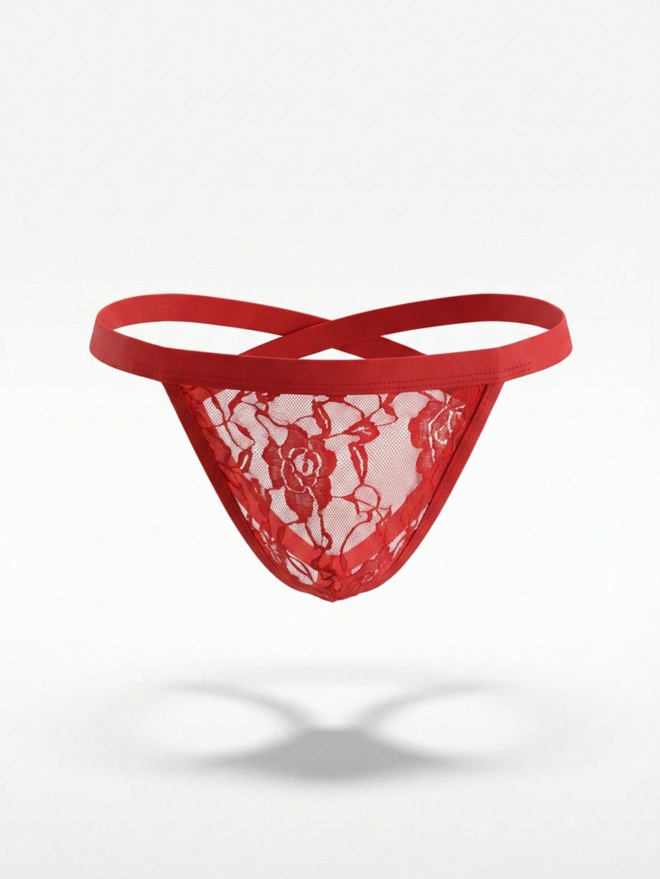 Red men's low rise jockstrap underwear with contrast lace details, mesh fabric, and a backless design.