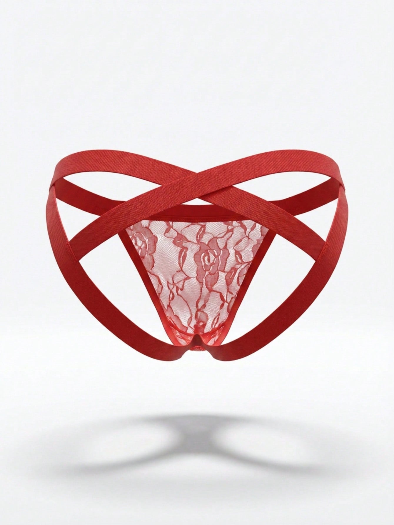 Red men's low rise jockstrap underwear with contrast lace details, mesh fabric, and a backless design.