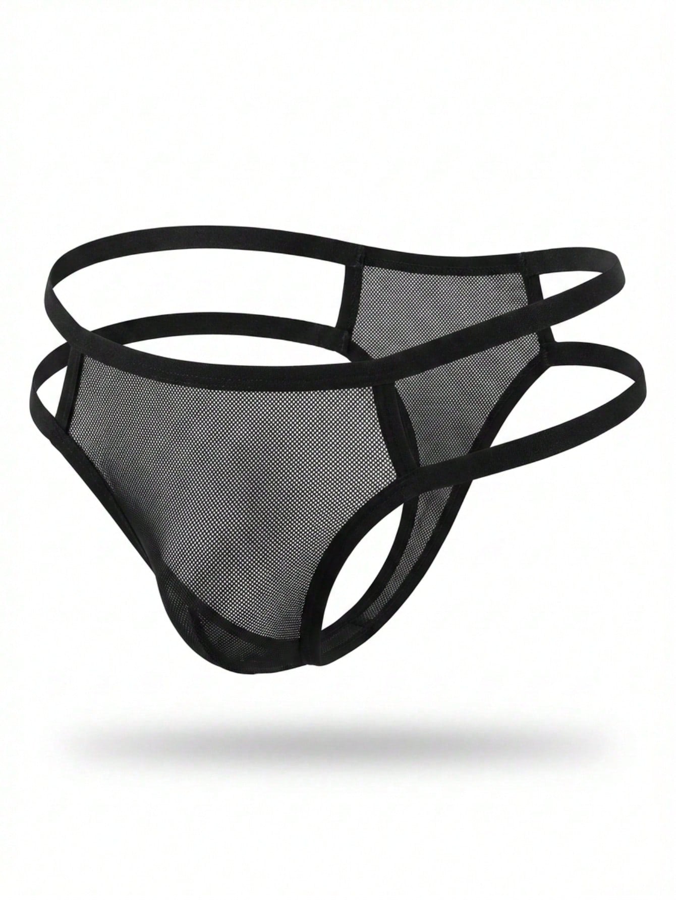 Black men's mesh thong underwear with a mid-rise waist, plain design, and medium-stretch fabric.
