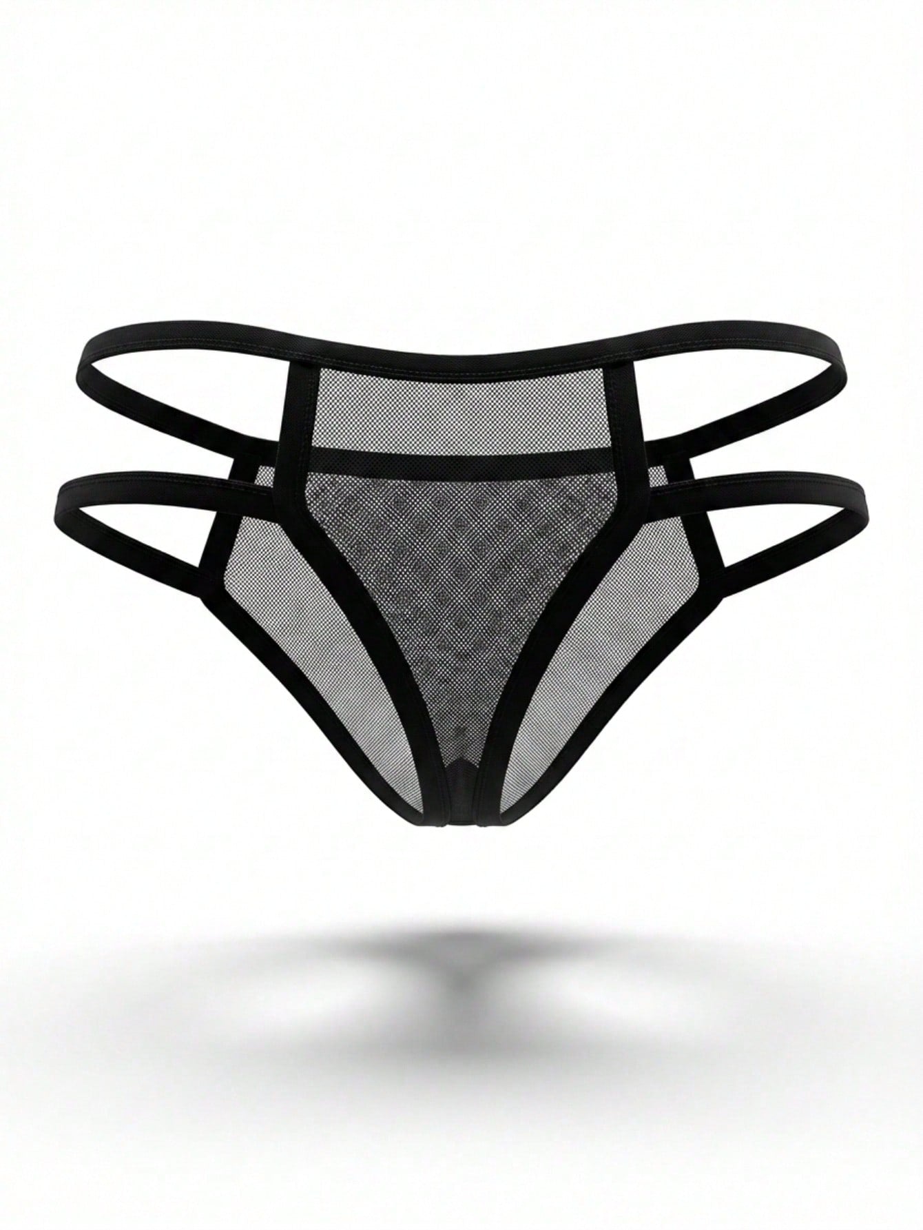 Black men's mesh thong underwear with a mid-rise waist, plain design, and medium-stretch fabric.