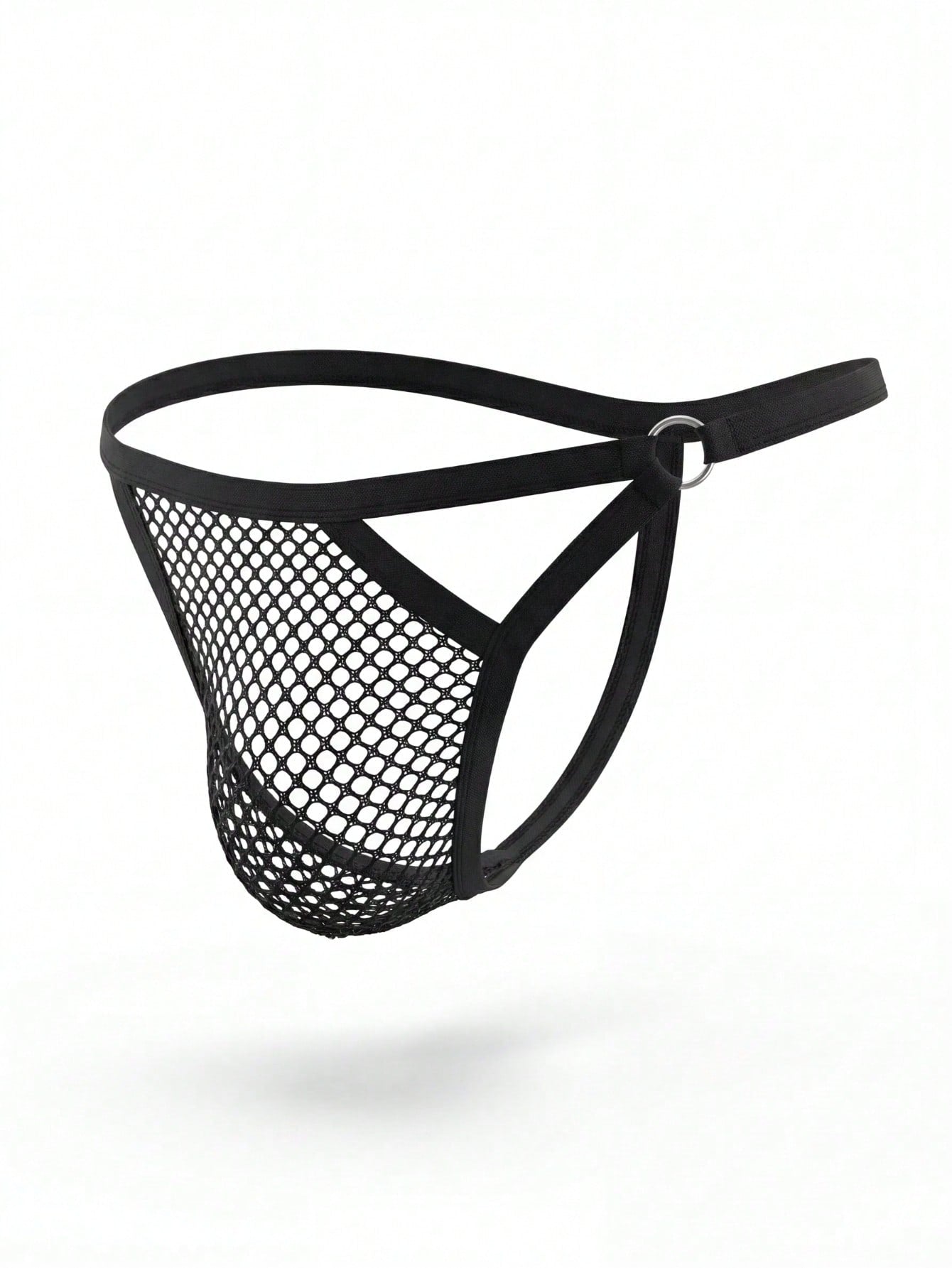 Black men's low rise thong underwear in knitted fabric with plain design, medium stretch, and ring detail.