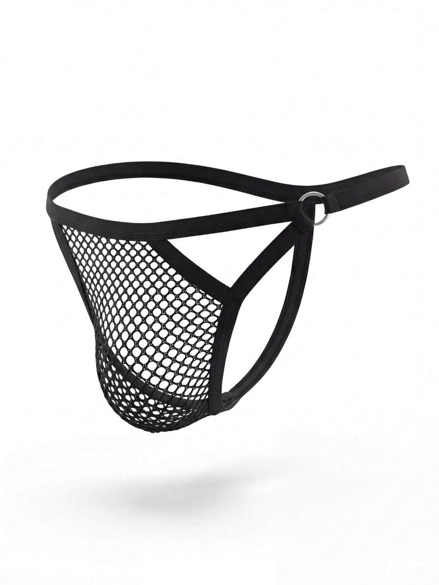 Plain black low-rise men's thong underwear with a front ring detail made of knitted polyester fabric.