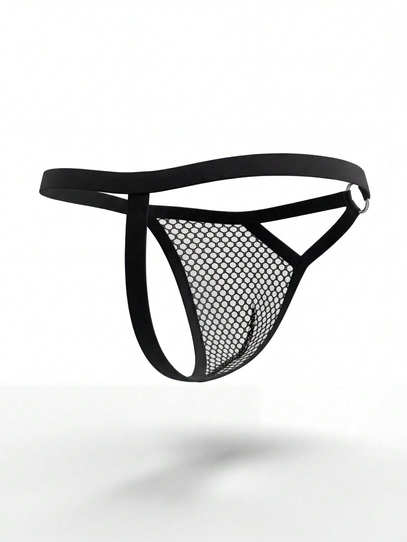 Black men's low rise thong underwear in knitted fabric with plain design, medium stretch, and ring detail.
