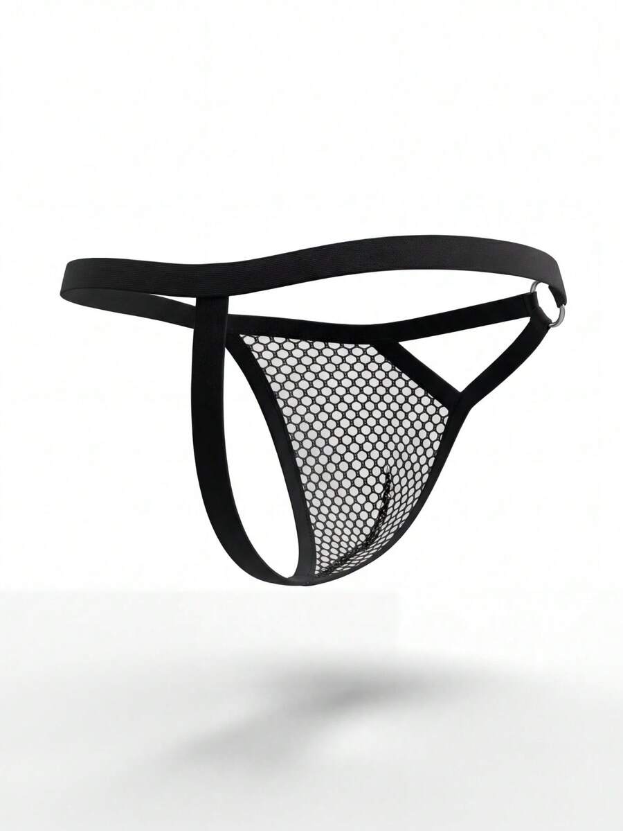 Plain black low-rise men's thong underwear with a front ring detail made of knitted polyester fabric.