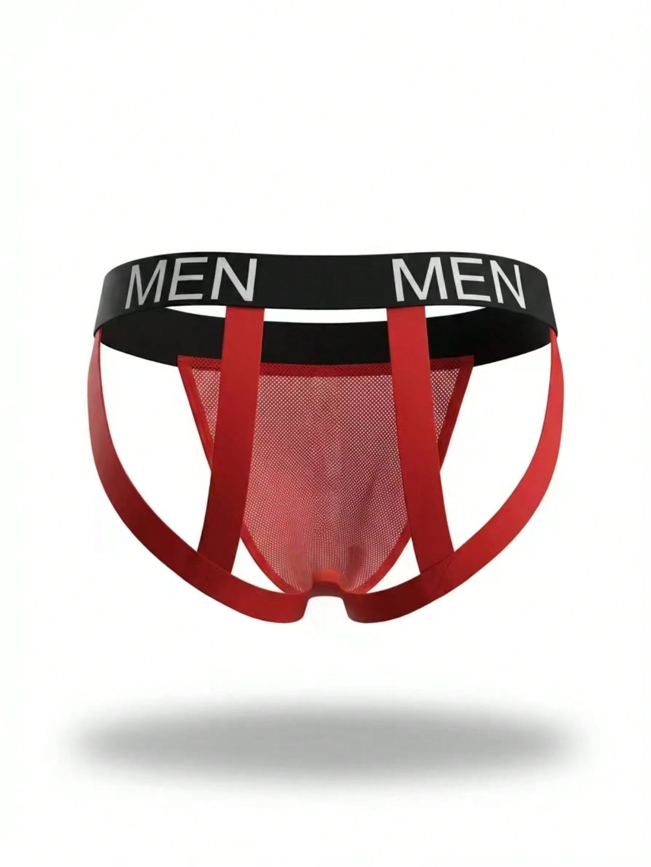 Men's low rise mesh jockstrap underwear with letter pattern, medium stretch fabric, made from 92% polyamide and 8% elastane.