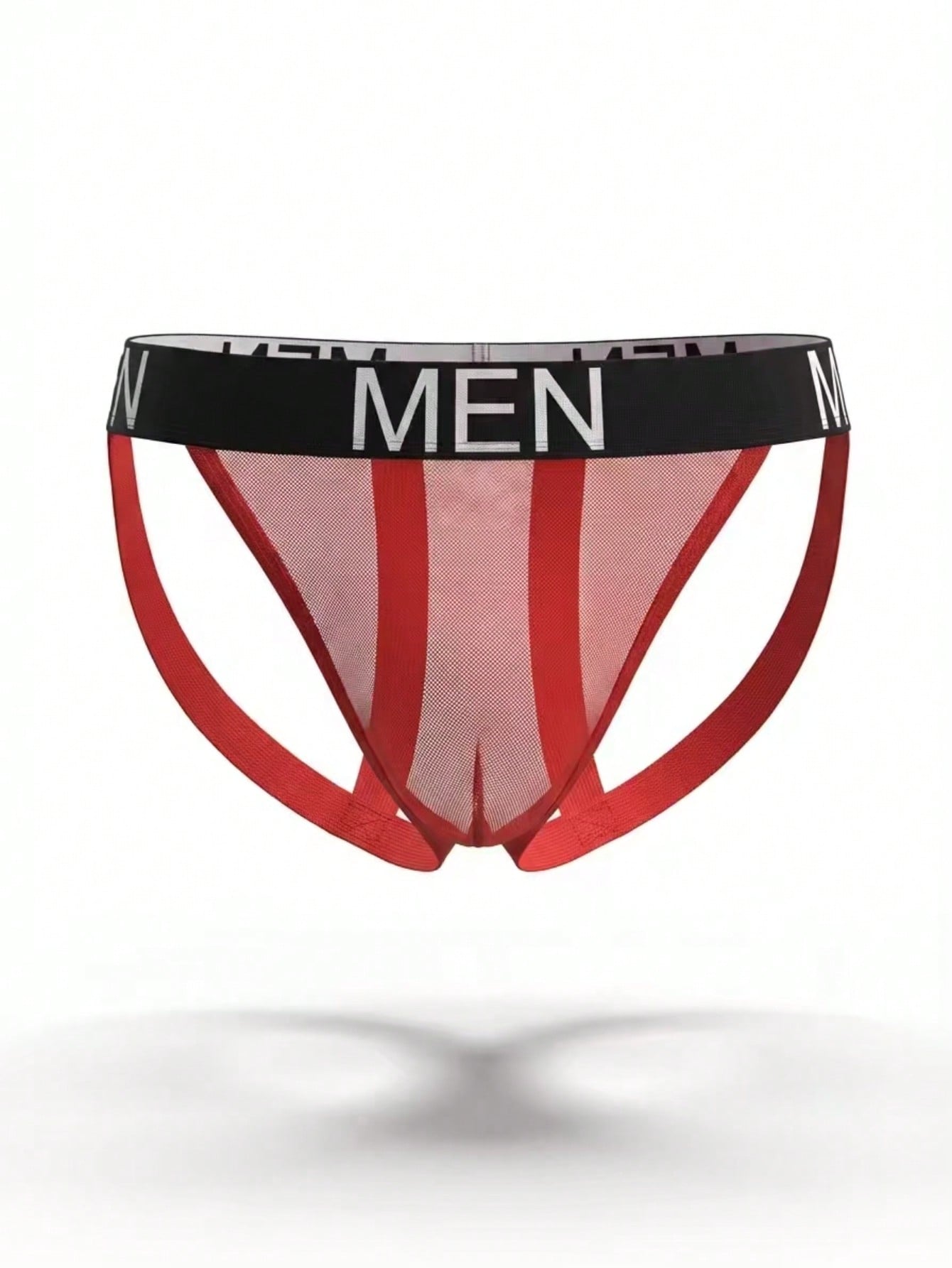 Men's low rise mesh jockstrap underwear with letter pattern, medium stretch fabric, made from 92% polyamide and 8% elastane.