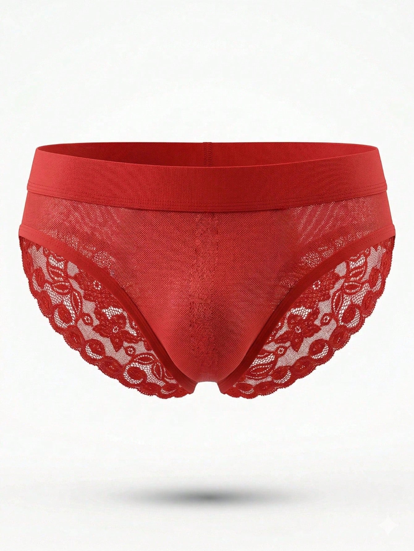 Men's low rise briefs with mesh and lace patchwork, plant pattern, and medium stretch fabric in red or white.