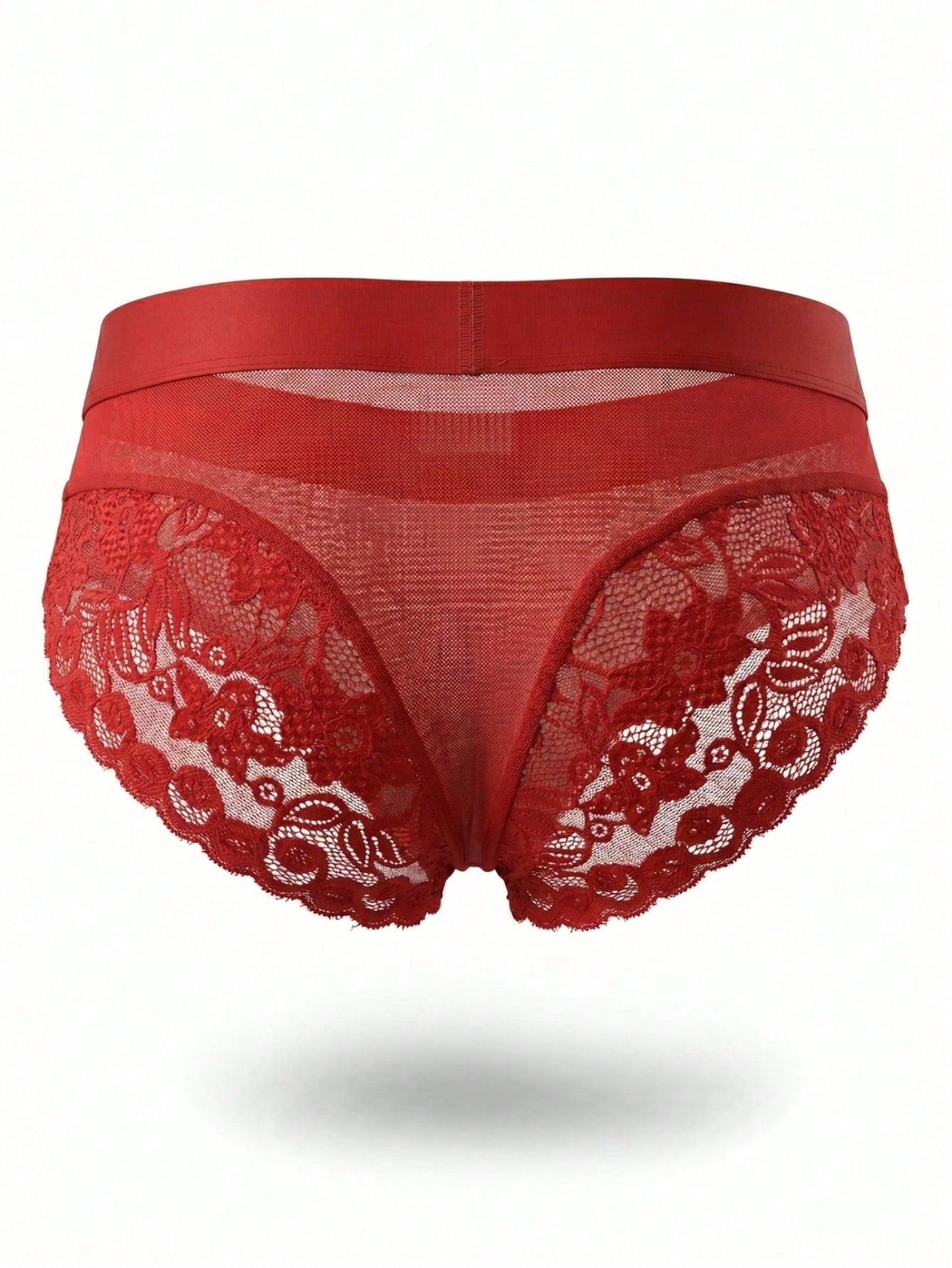 Men's low rise briefs with mesh and lace patchwork, plant pattern, and medium stretch fabric in red or white.