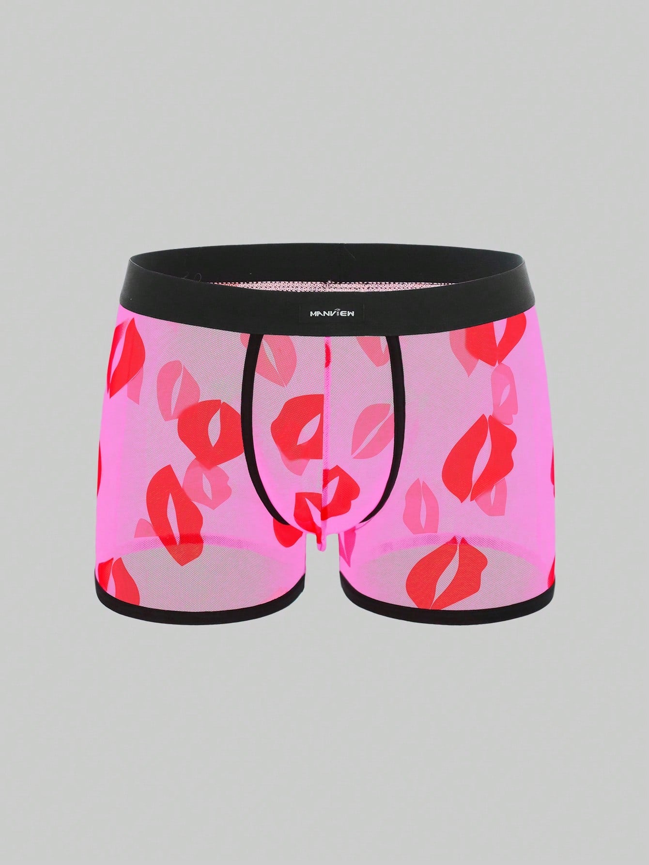 Red sheer men's mesh boxer shorts with tape detail, mid-rise waist, and slight stretch knitted fabric.