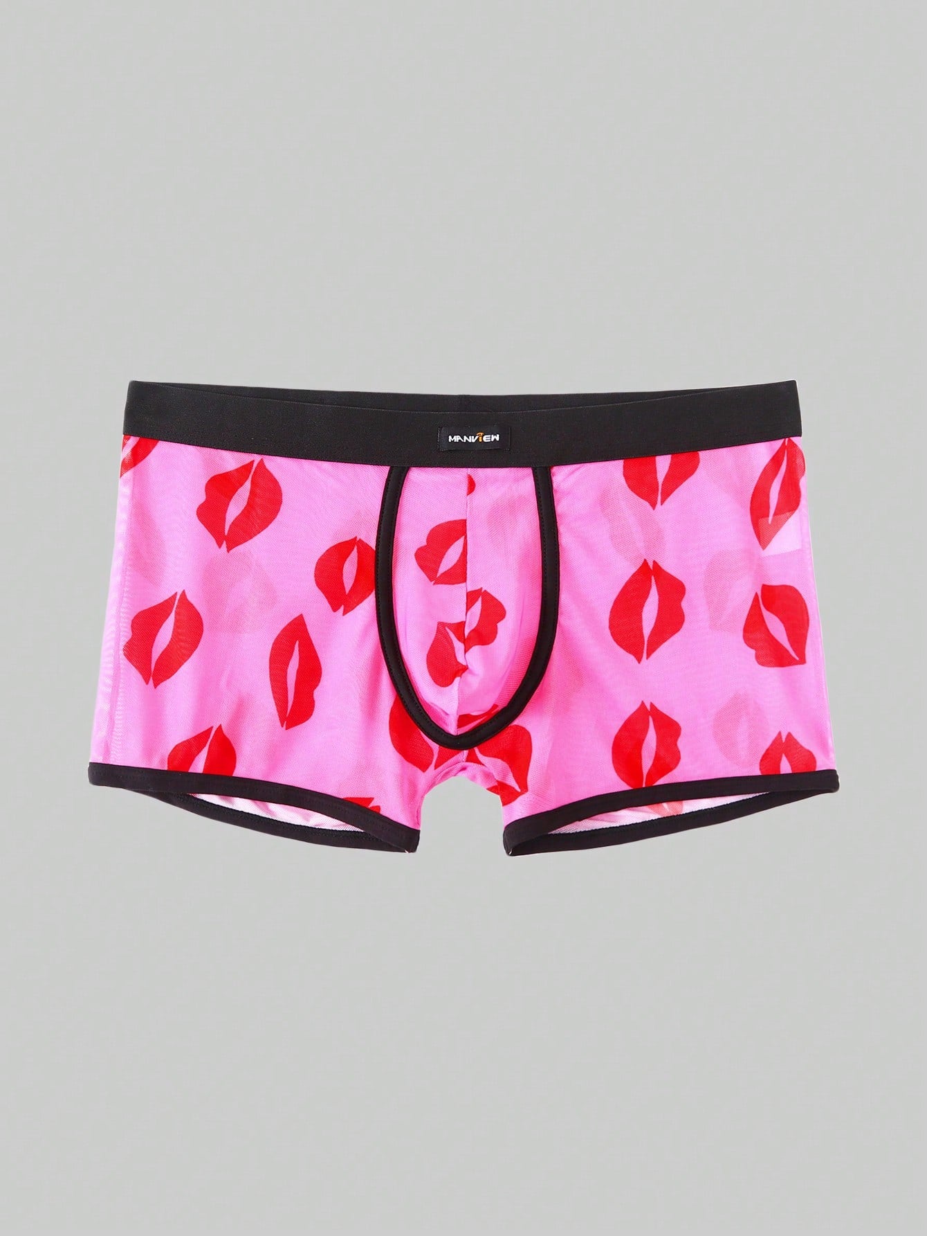 Red sheer men's mesh boxer shorts with tape detail, mid-rise waist, and slight stretch knitted fabric.