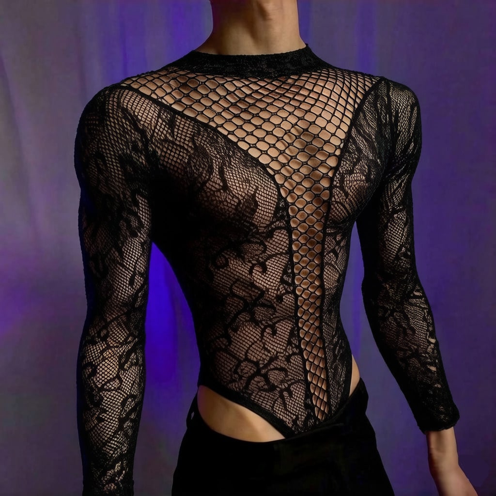 Men's white semi-sheer mesh one-piece jumpsuit with round neck, hollow out detail, and high-stretch polyamide elastane fabric for costume or party wear.