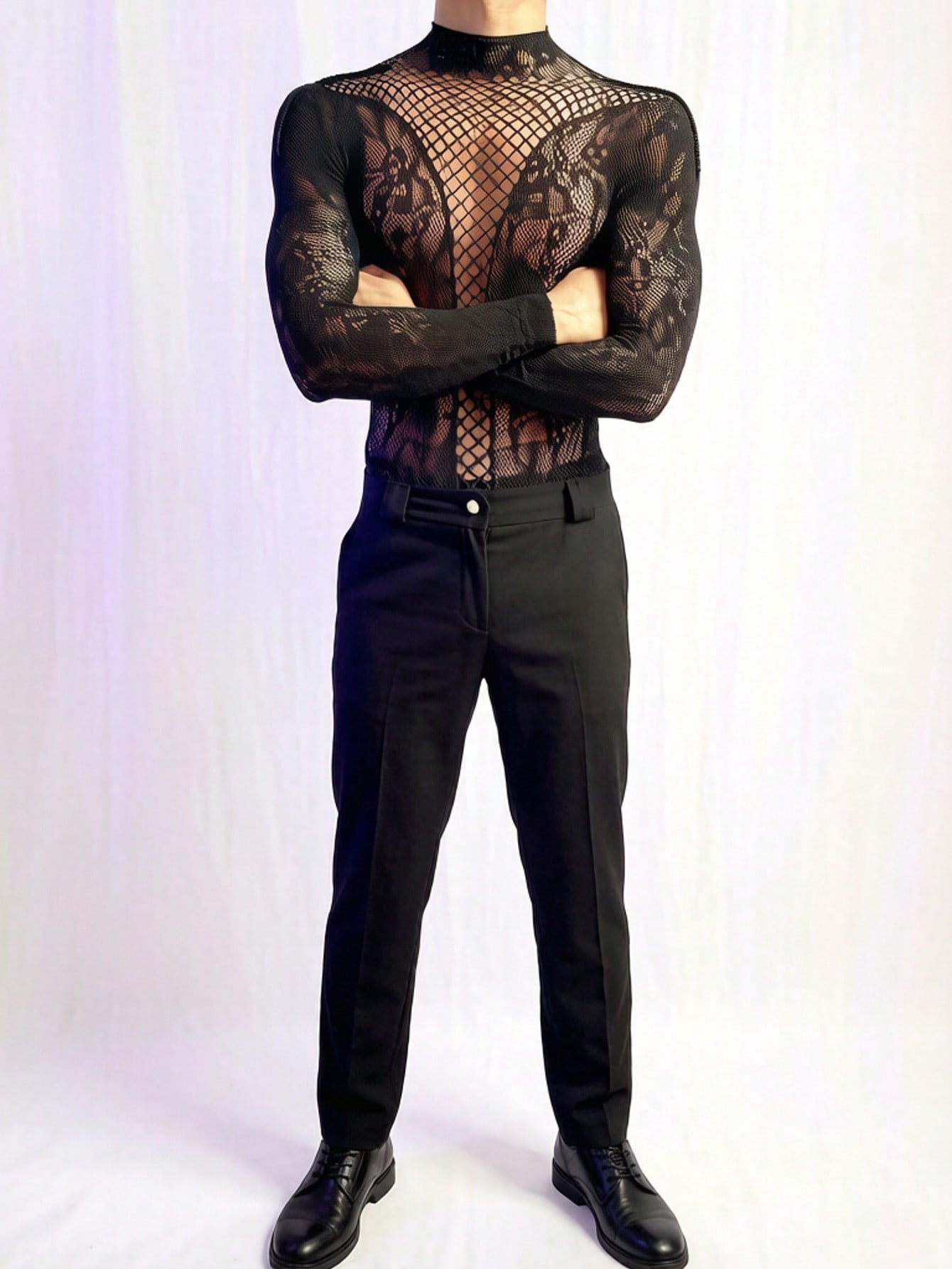 Men's white semi-sheer mesh one-piece jumpsuit with round neck, hollow out detail, and high-stretch polyamide elastane fabric for costume or party wear.