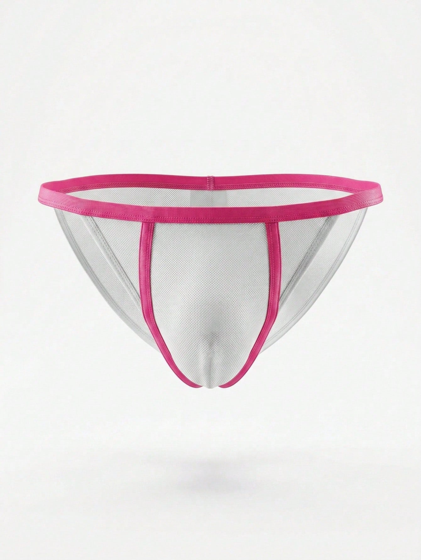 Men's white mesh briefs with colorblock detailing, low rise fit, and medium stretch fabric made from polyamide and elastane.