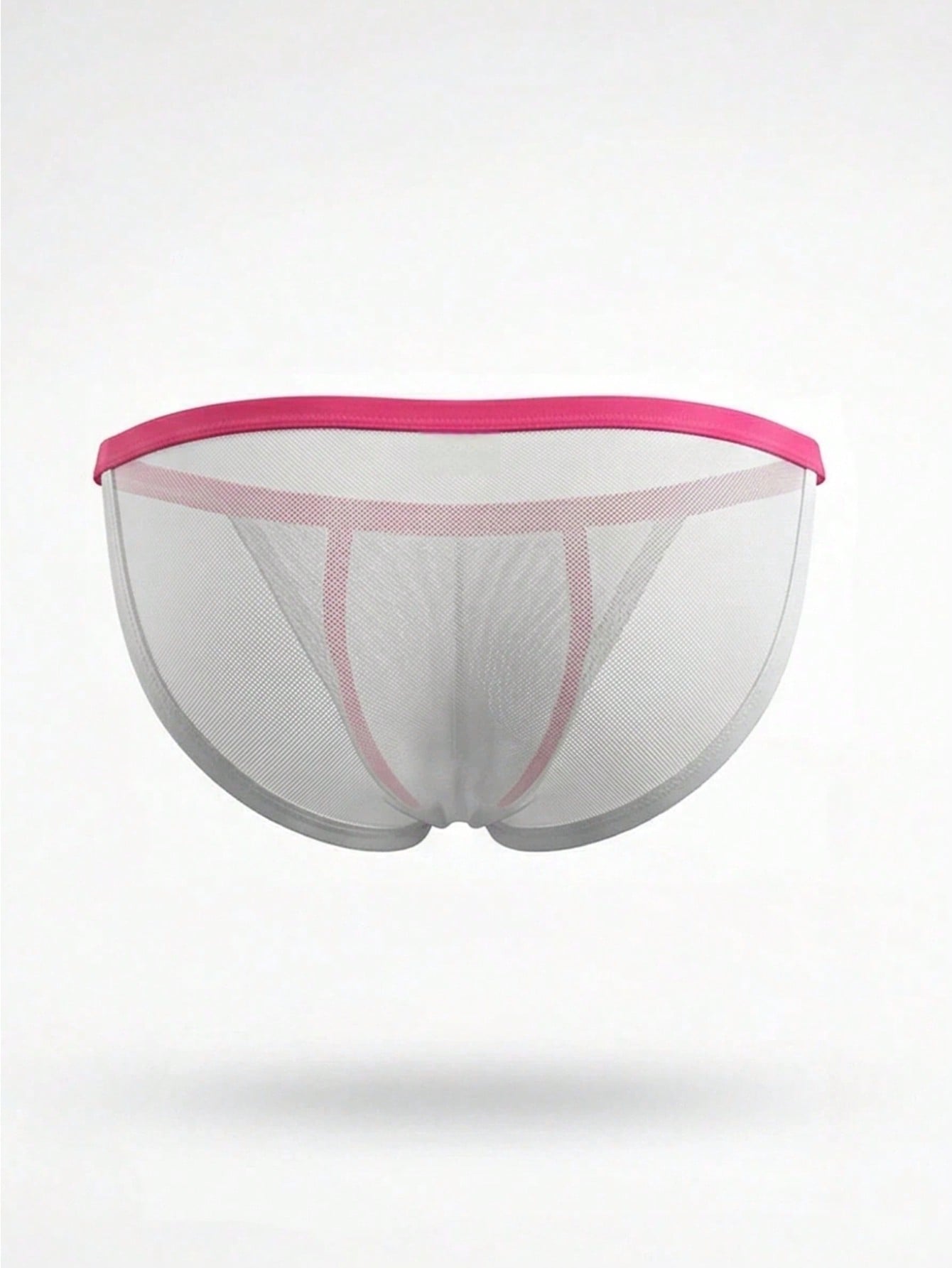 Men's white mesh briefs with colorblock detailing, low rise fit, and medium stretch fabric made from polyamide and elastane.