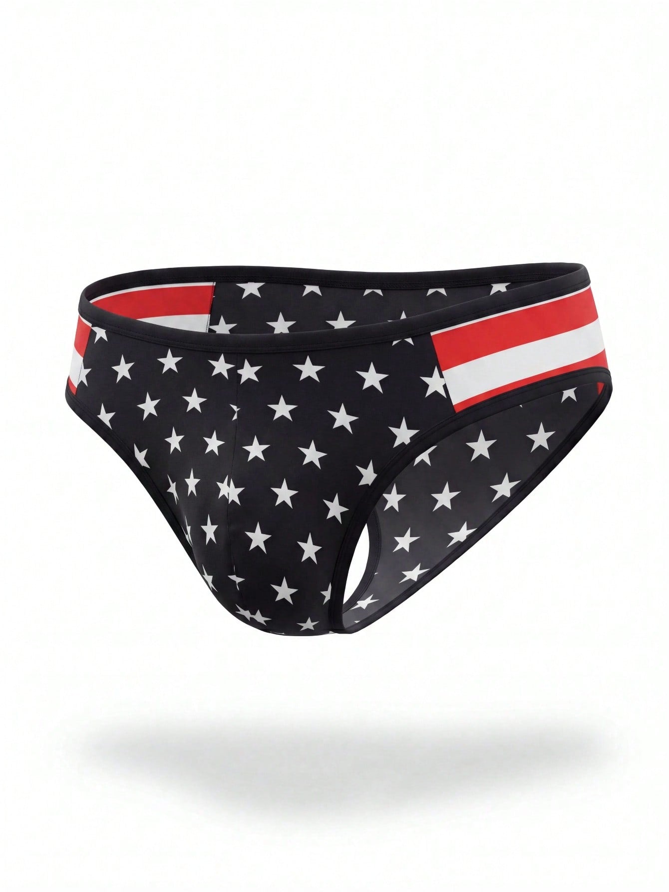 Men's black low rise thong underwear with geometric striped star print in high-stretch knitted fabric.