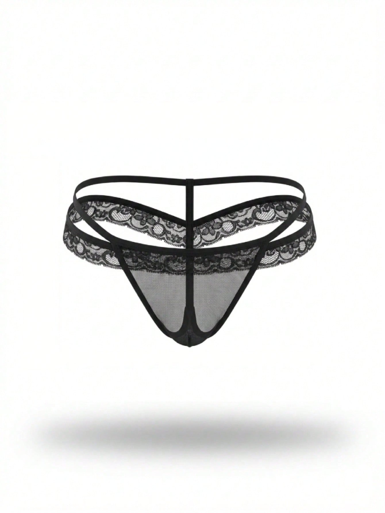 Men's low-rise thong underwear in black colorblock mesh fabric with medium stretch and lace detail.