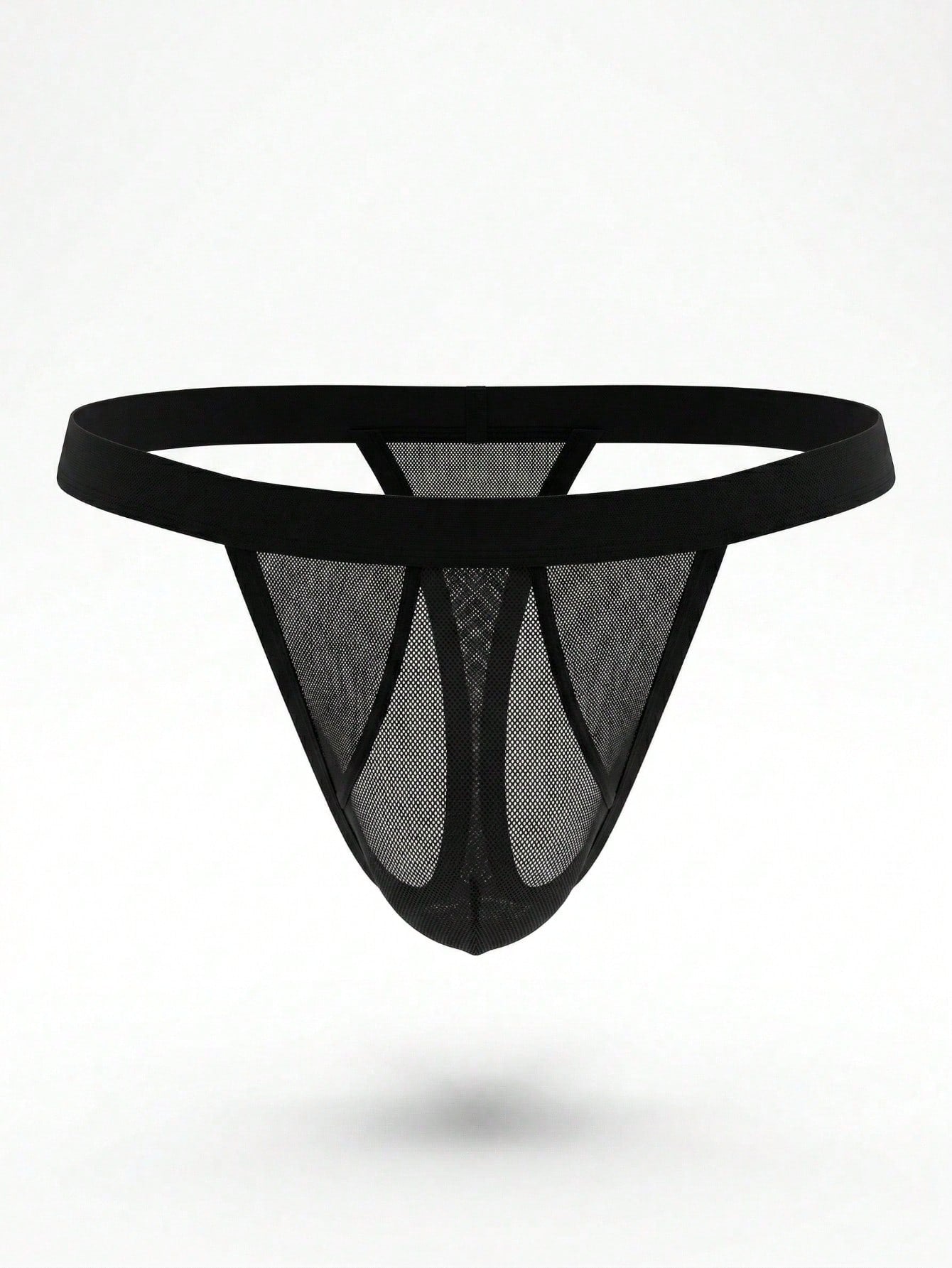 Black men's mesh thong underwear with a mid-rise fit, colorblock pattern, and medium-stretch fabric made from polyamide and elastane.