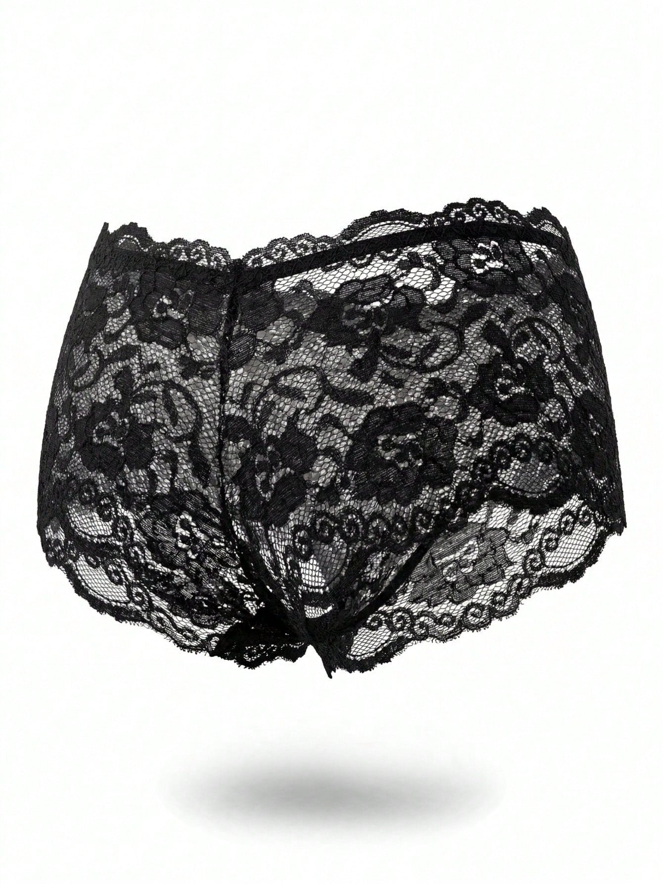 Plus size men's black semi-sheer lace low-rise briefs with contrast lace detail and slight stretch.