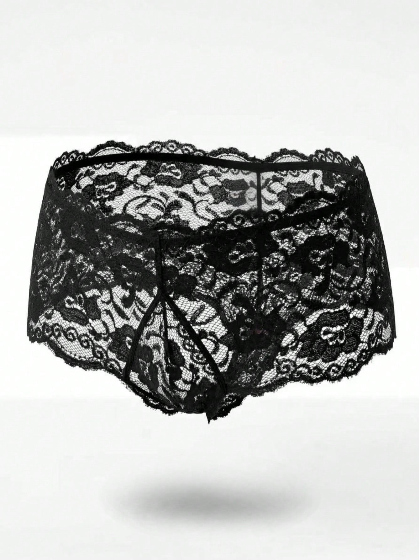 Plus size men's black semi-sheer lace low-rise briefs with contrast lace detail and slight stretch.