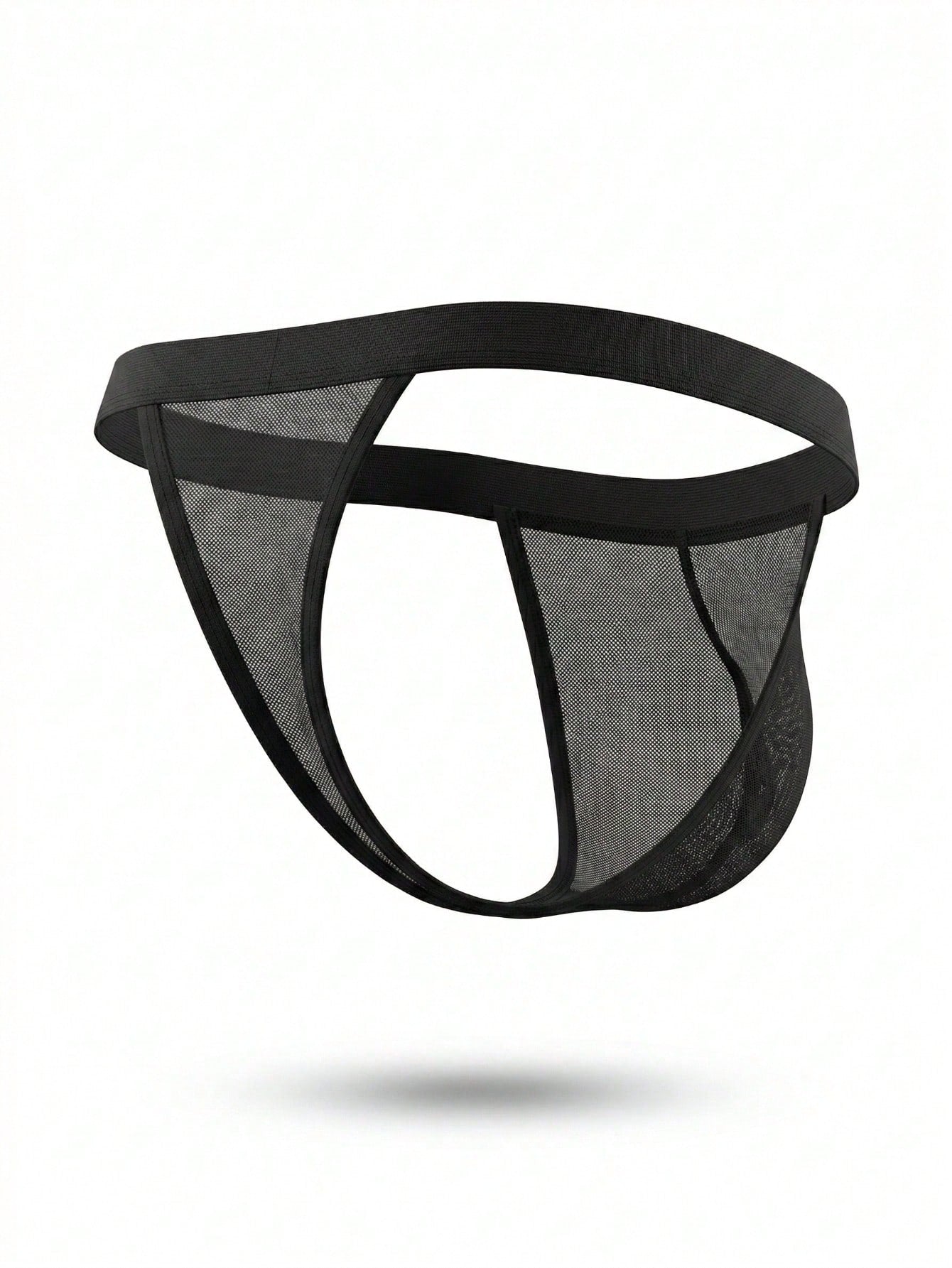 Black men's mesh thong underwear with a mid-rise fit, colorblock pattern, and medium-stretch fabric made from polyamide and elastane.