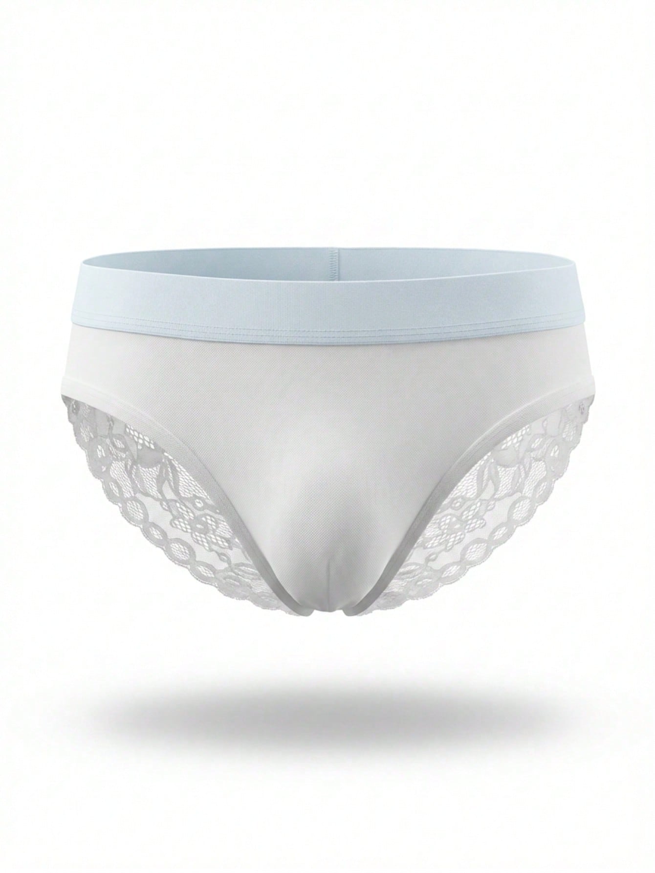 Men's low rise briefs with mesh and lace patchwork, plant pattern, and medium stretch fabric in red or white.