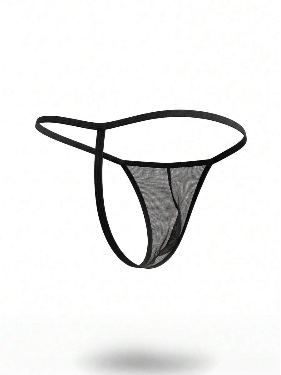 Plus size men's black semi-sheer low rise G-string thong underwear made of medium stretch knitted fabric.